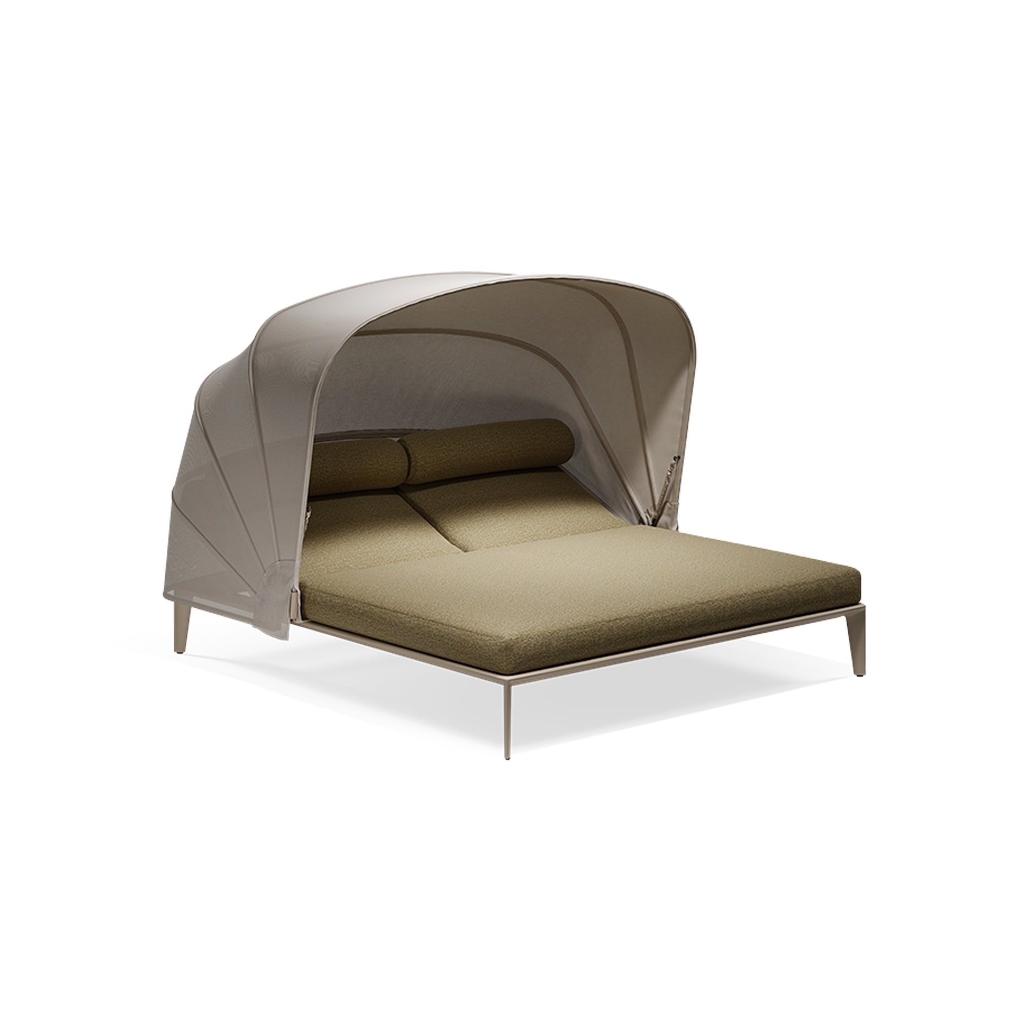 Luxurious modern daybed with canopy and neutral tones for stylish living spaces.