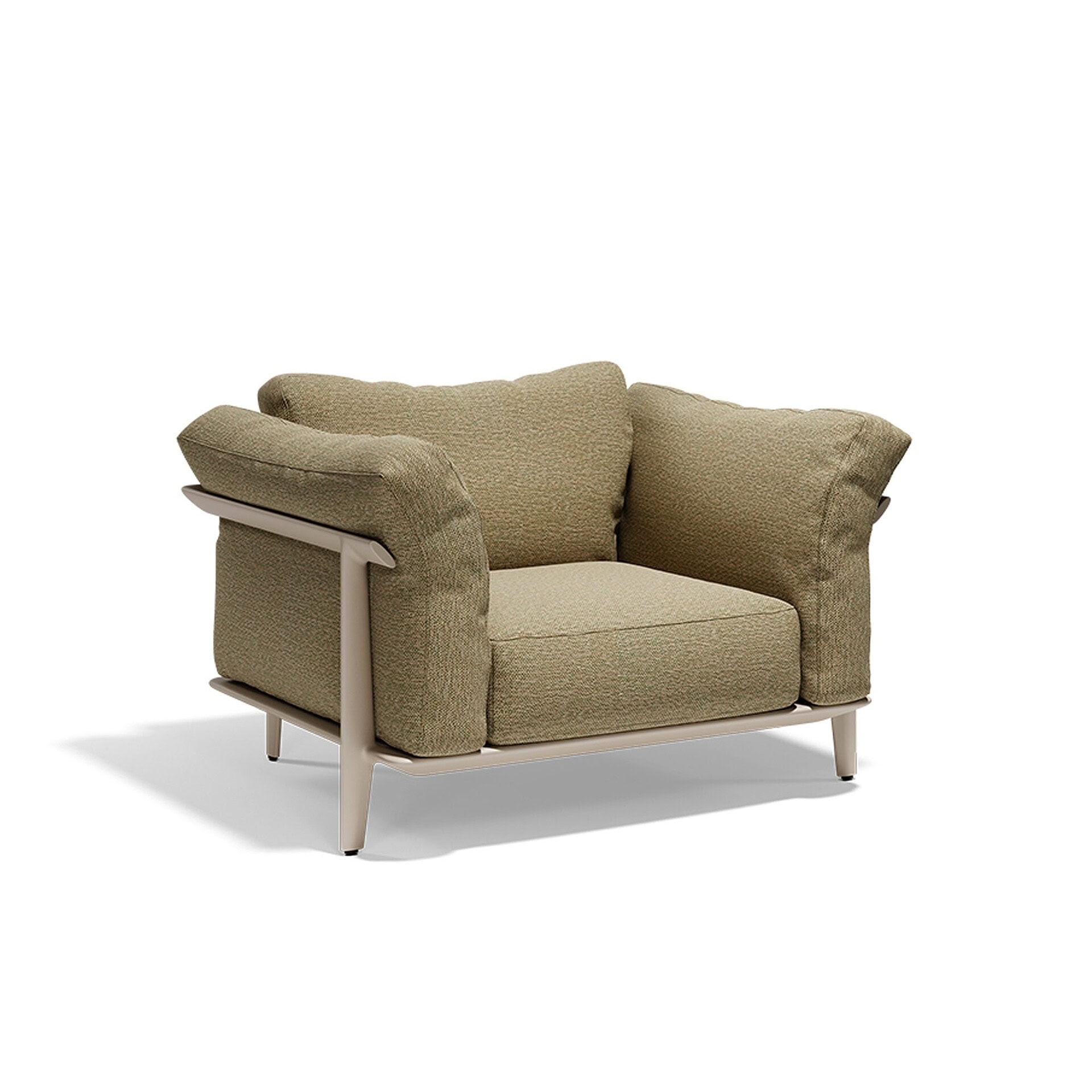 Comfortable beige upholstered modern armchair with sleek wooden frame.