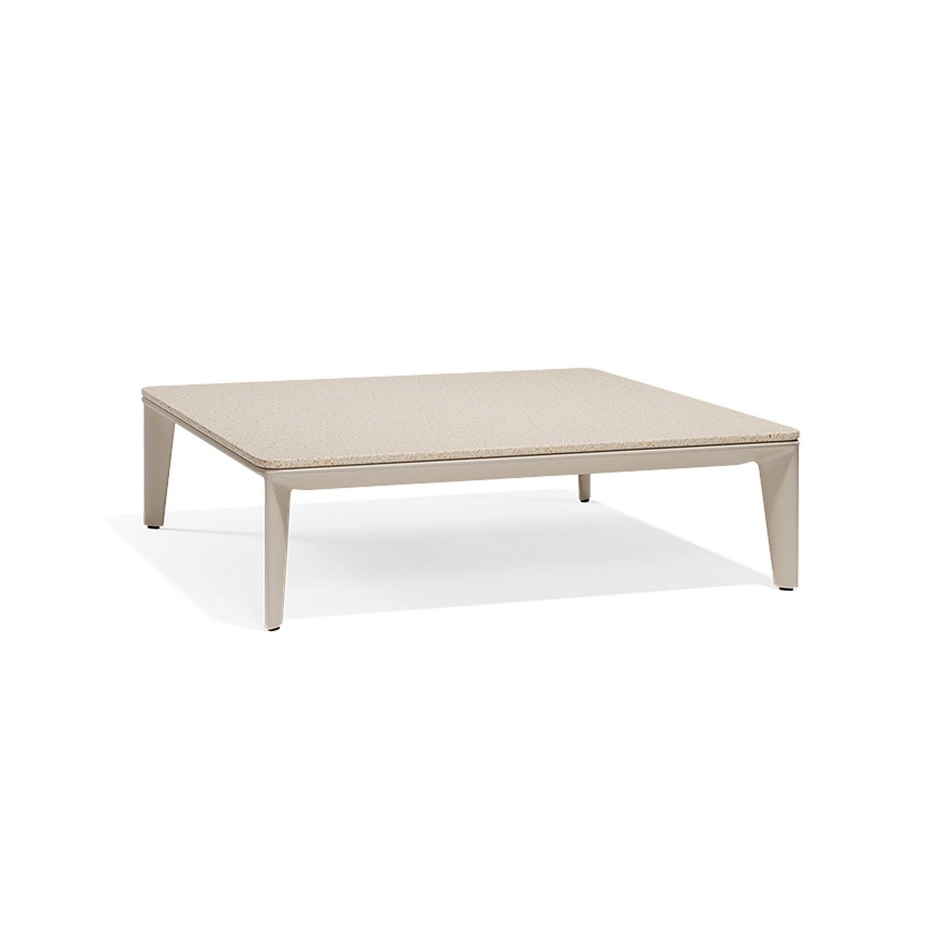 Modern beige upholstered coffee table with angled legs for contemporary living room decor.