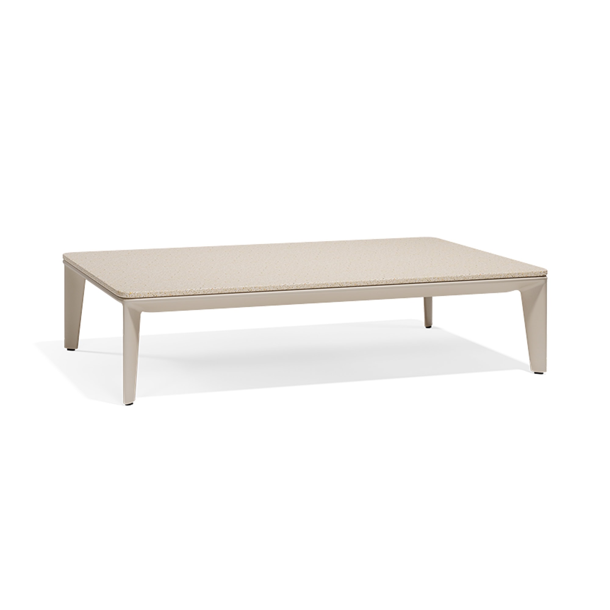 Mid-century modern beige coffee table with tapered legs for stylish living room decor.