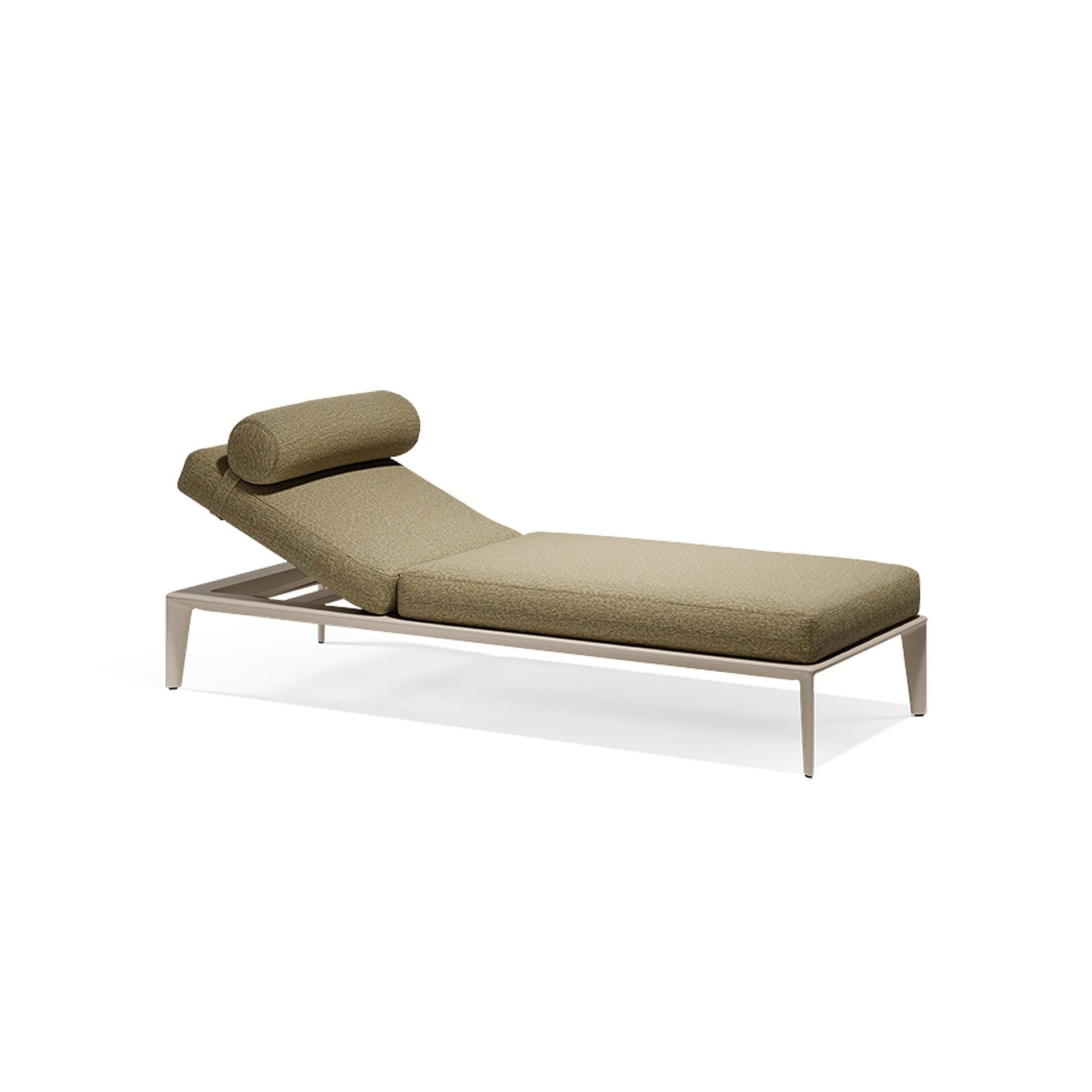 Modern beige lounge chair with adjustable headrest, sleek metal frame, and plush cushions for stylish comfort.