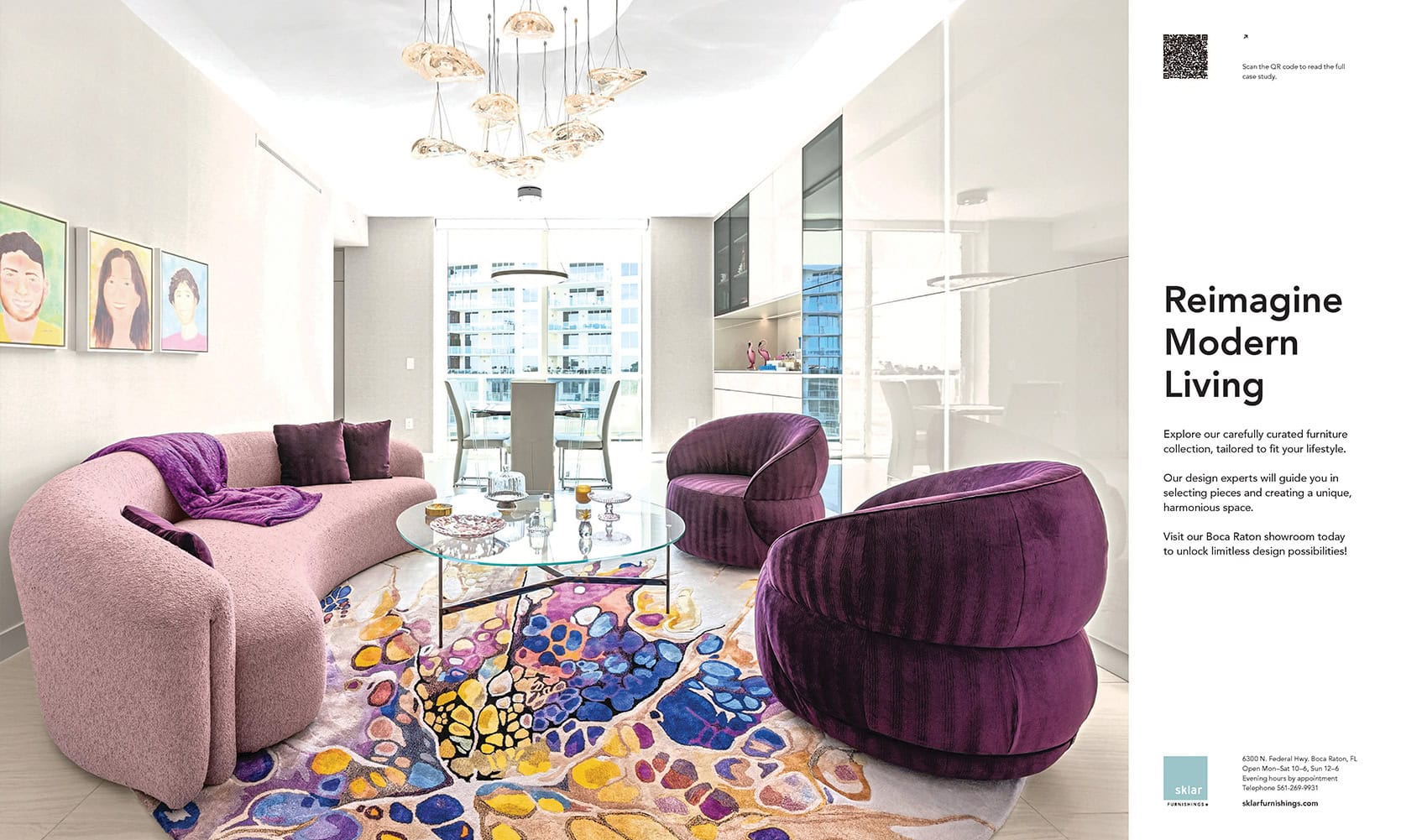 Stylish modern living room featuring plush purple sofas, vibrant area rug, and contemporary artwork.