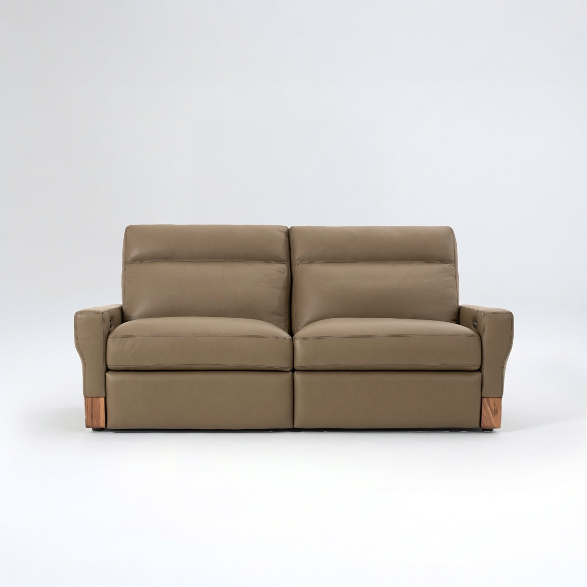 Taupe sofa with wooden accents, perfect for contemporary living rooms.