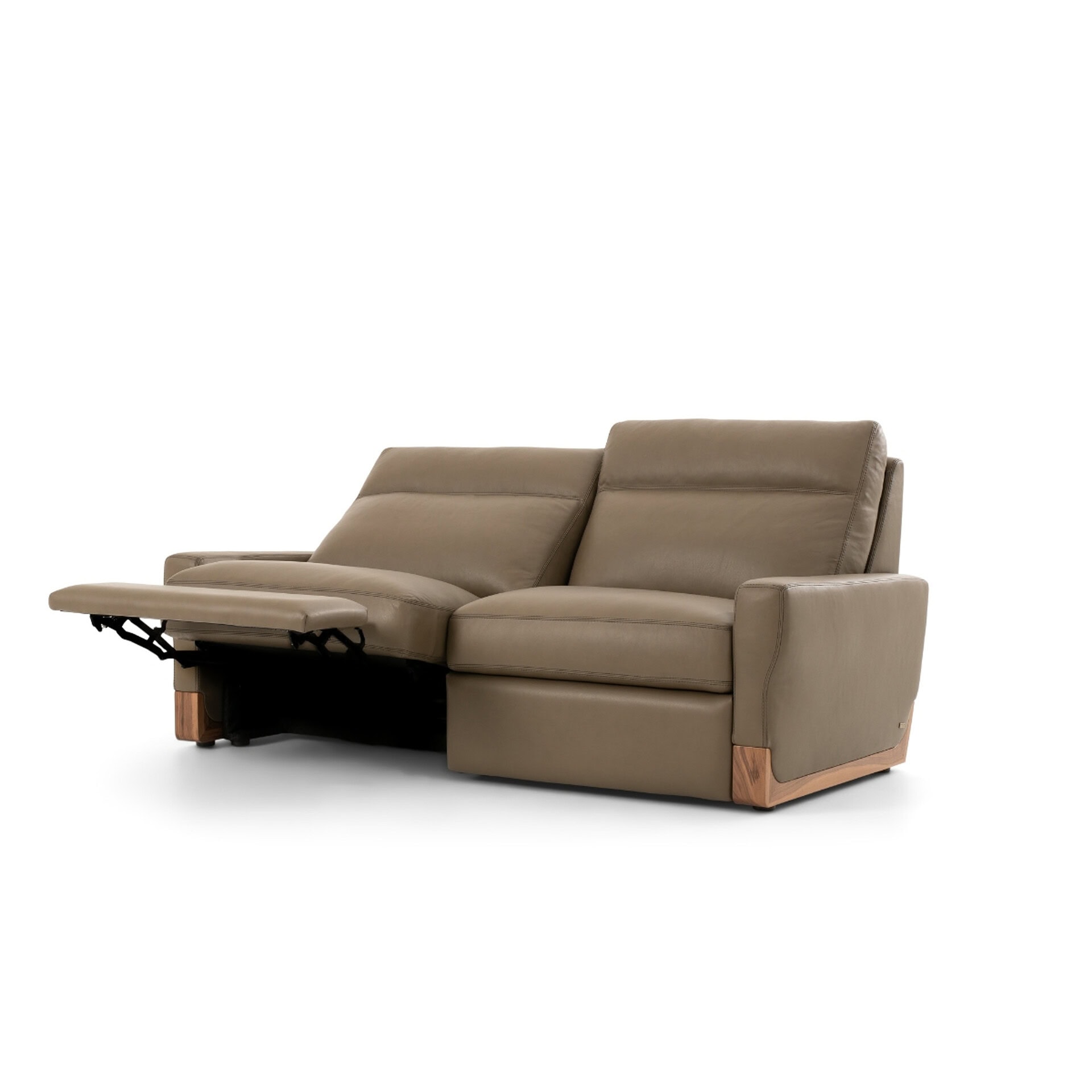 Comfortable beige reclining sofa with wooden accents, perfect for living rooms.