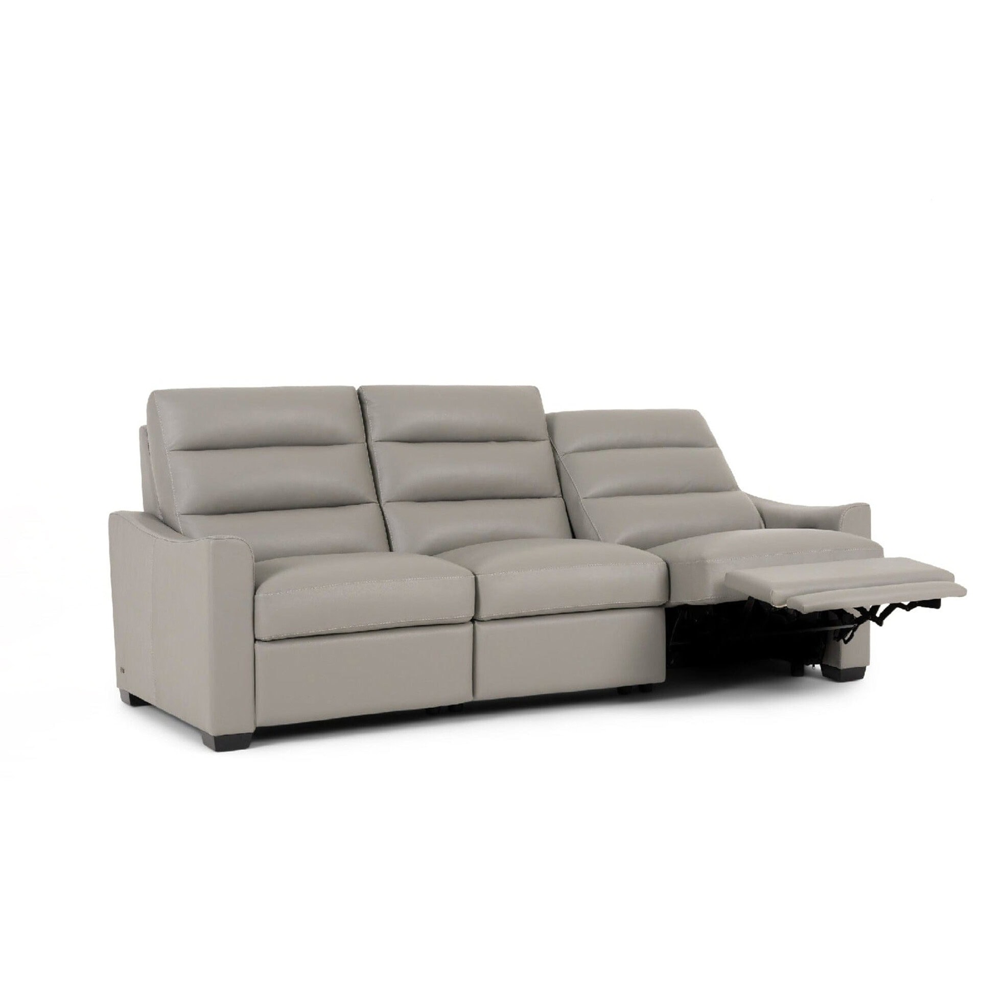 Reclining sofa with adjustable headrests and leg rest, featuring a sleek modern design in light gray.