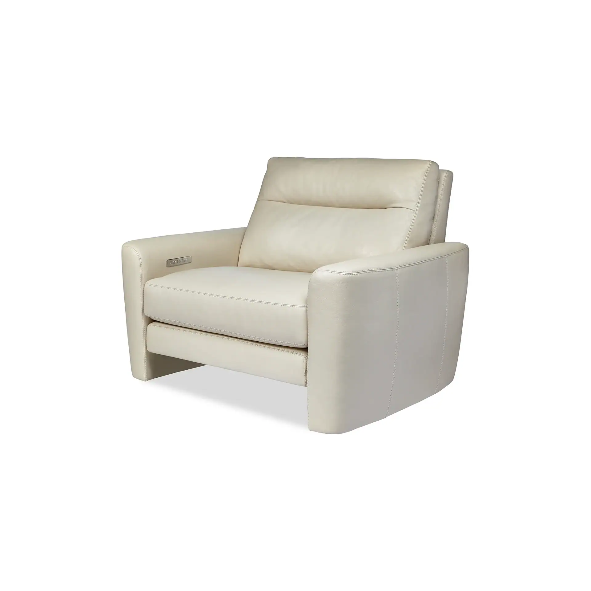Cream leather armchair with a silver control panel on the inner left armrest, shown on a white background.