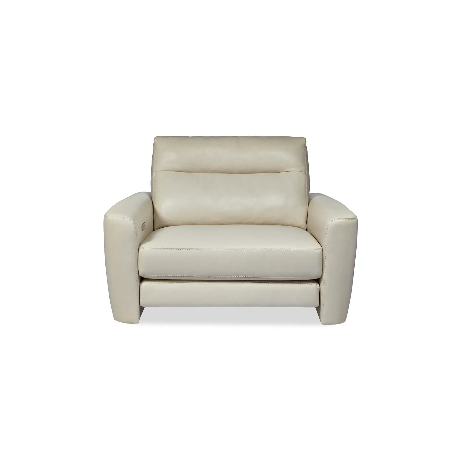 A cream-colored leather armchair with a modern design, featuring a power control button on the left armrest, shown against a white background.