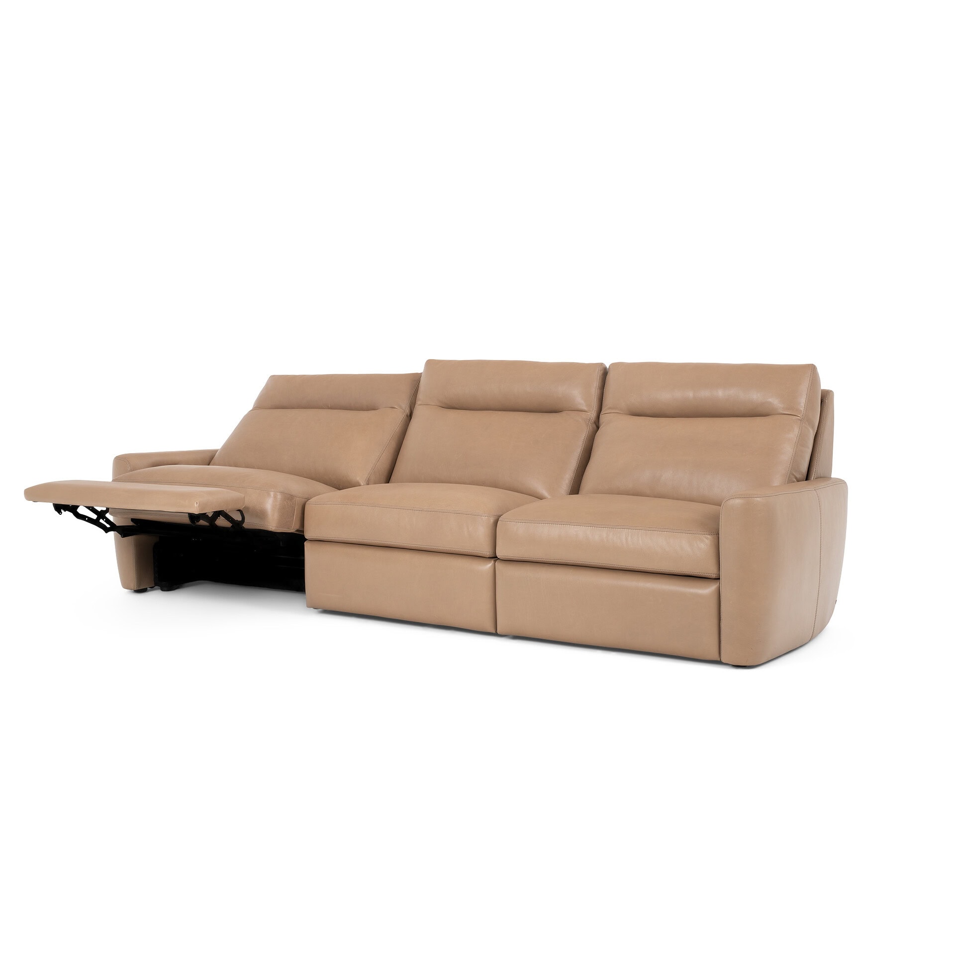 Beige leather sectional sofa with recliner for stylish living room seating.