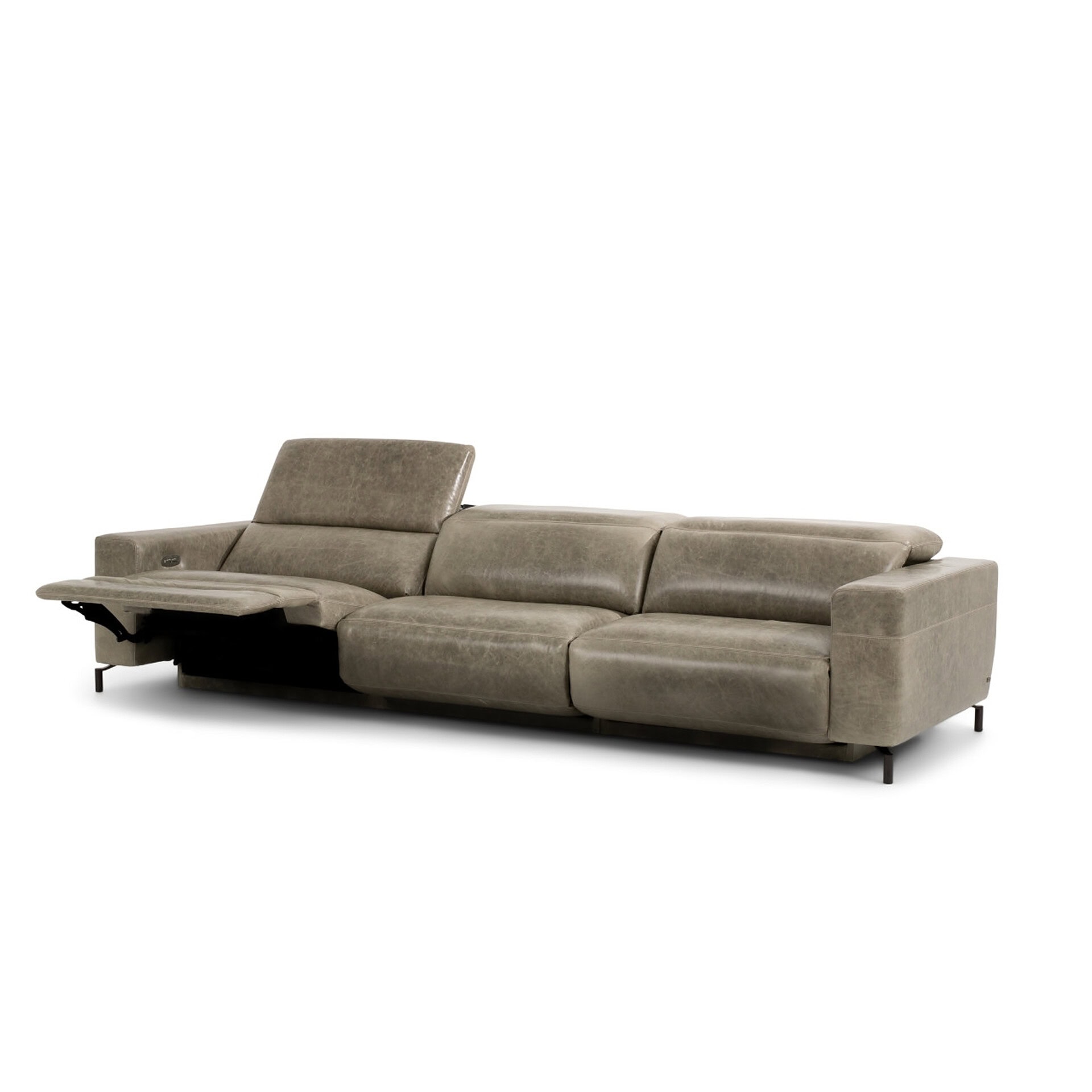 A long, light grey distressed leather sofa with a recliner extended on the left side, against a white background.