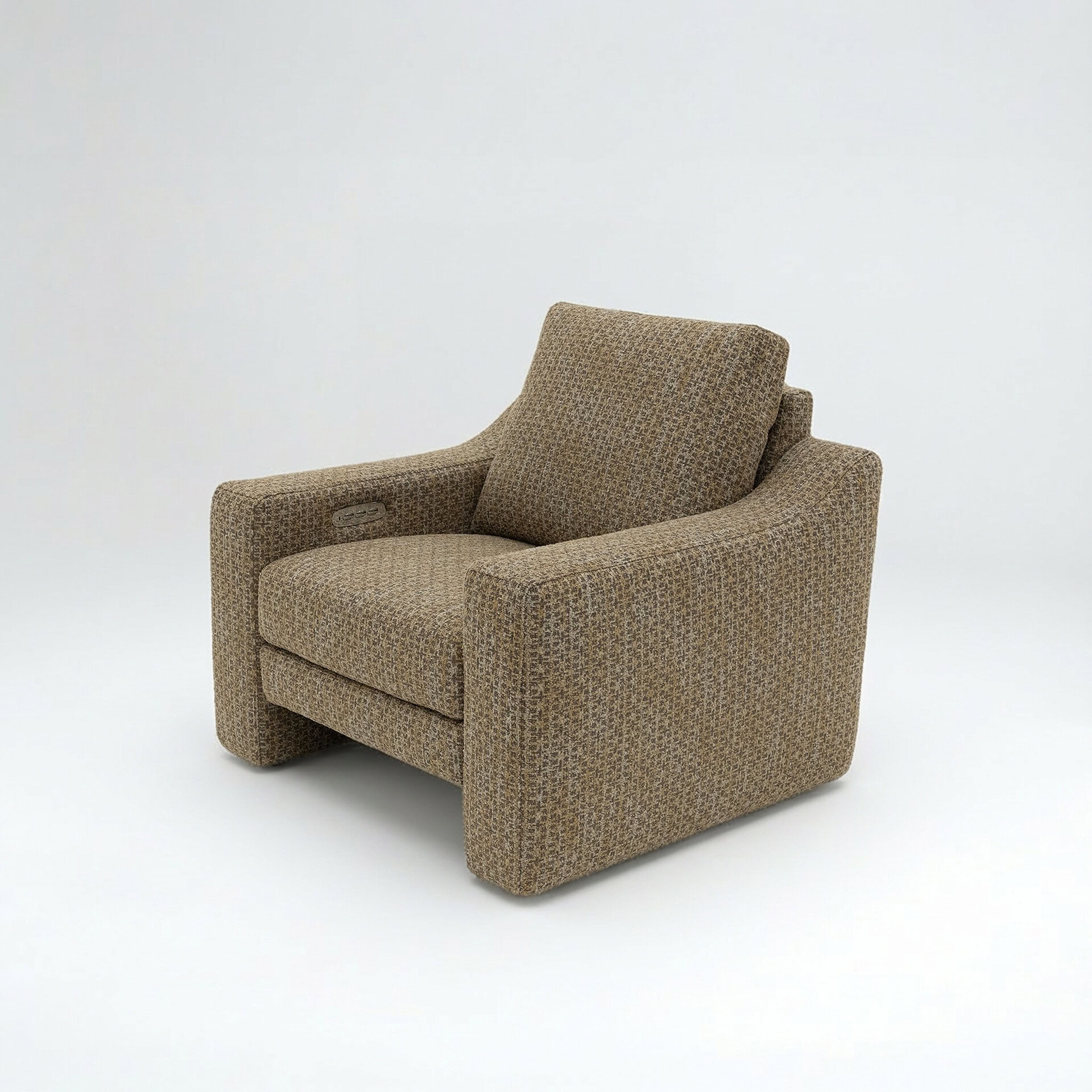 Armchair with patterned upholstery in a neutral tone.