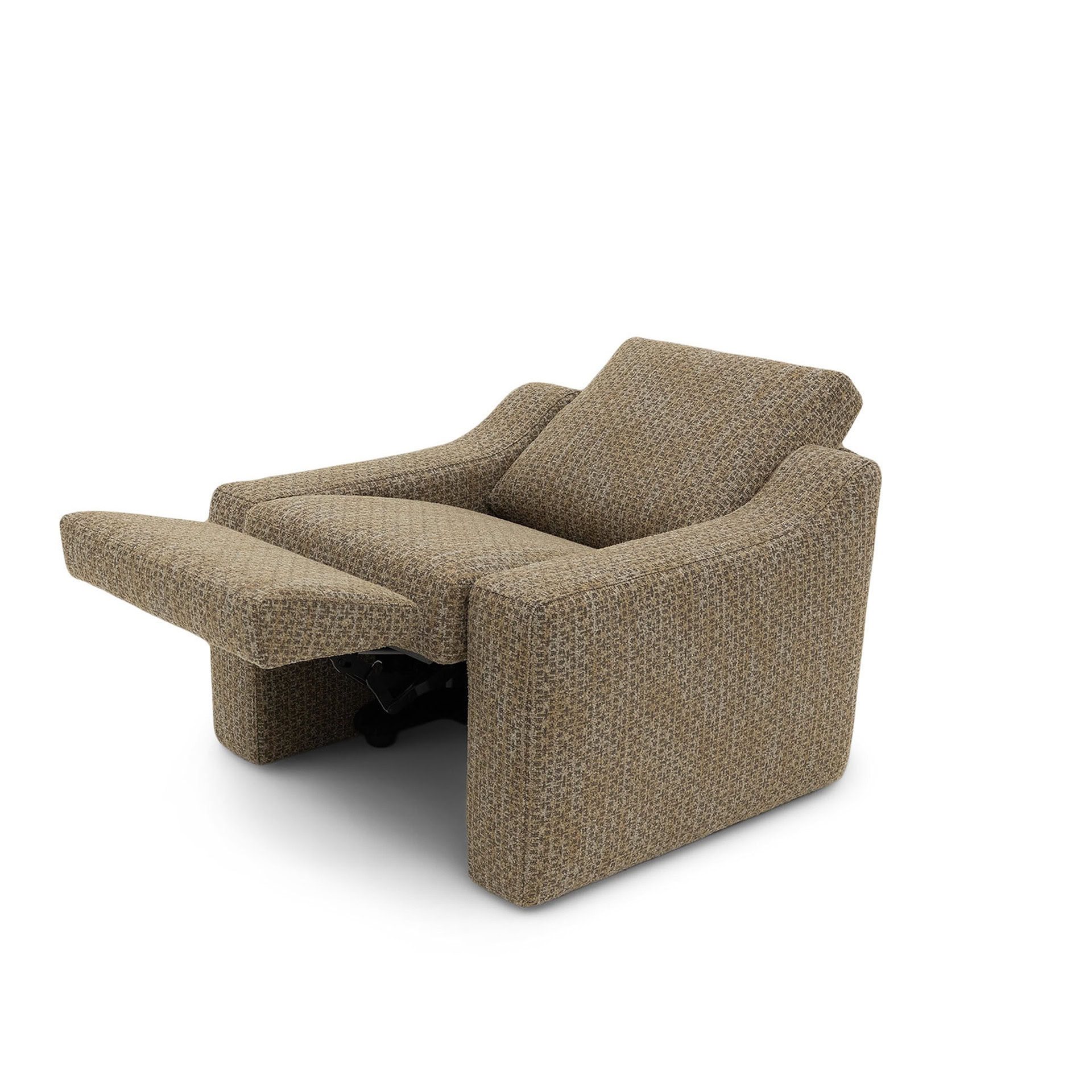 Reclining armchair with matching ottoman, upholstered in patterned fabric, perfect for living rooms.