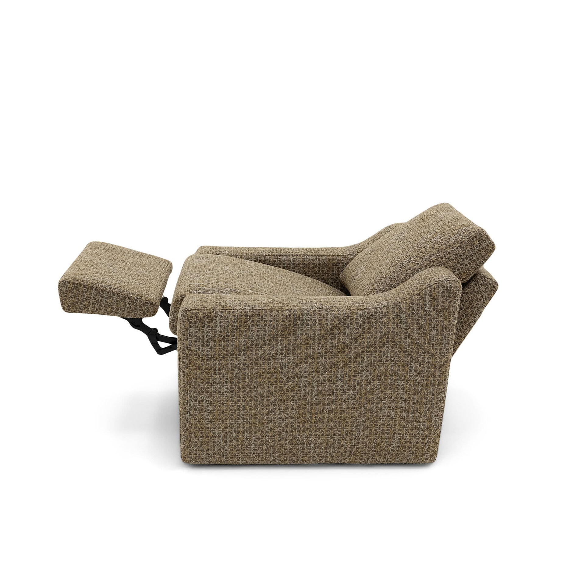 A brown and tan textured recliner chair with its footrest extended, viewed from a side angle against a white background.