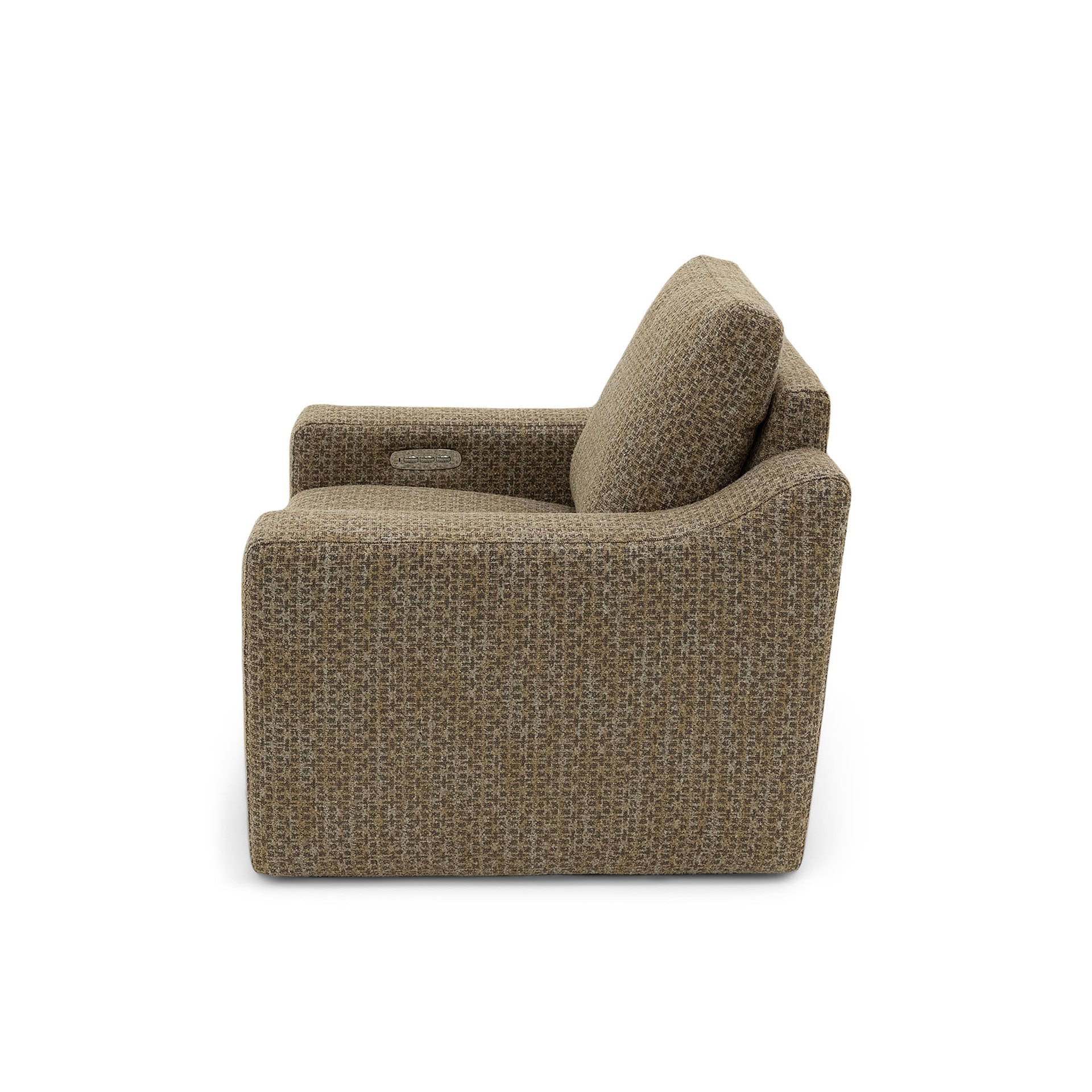 Side view of a brown and beige textured fabric power recliner armchair with control buttons on the armrest, against a white background.