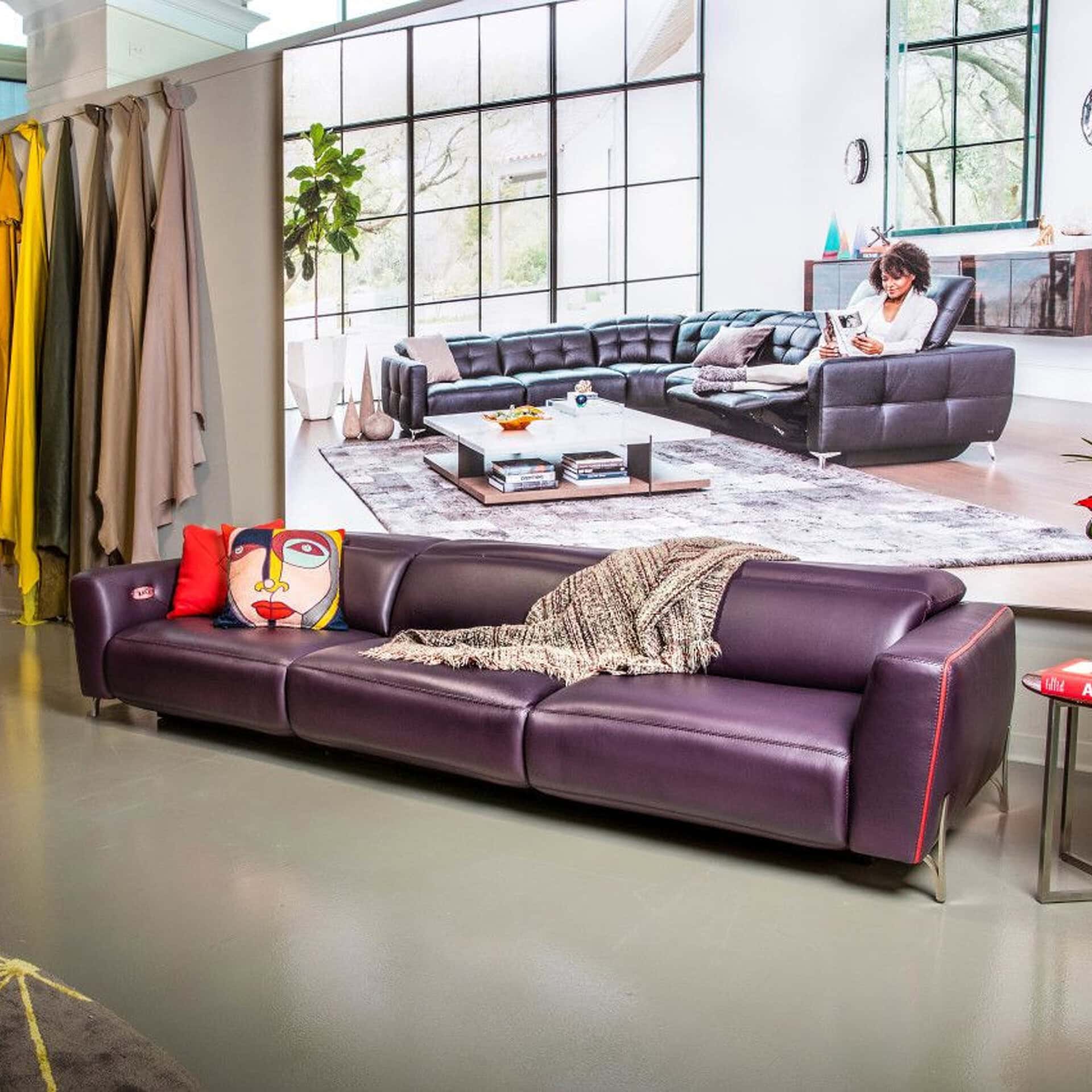 Stylish leather sectional sofa in a contemporary living room setting.