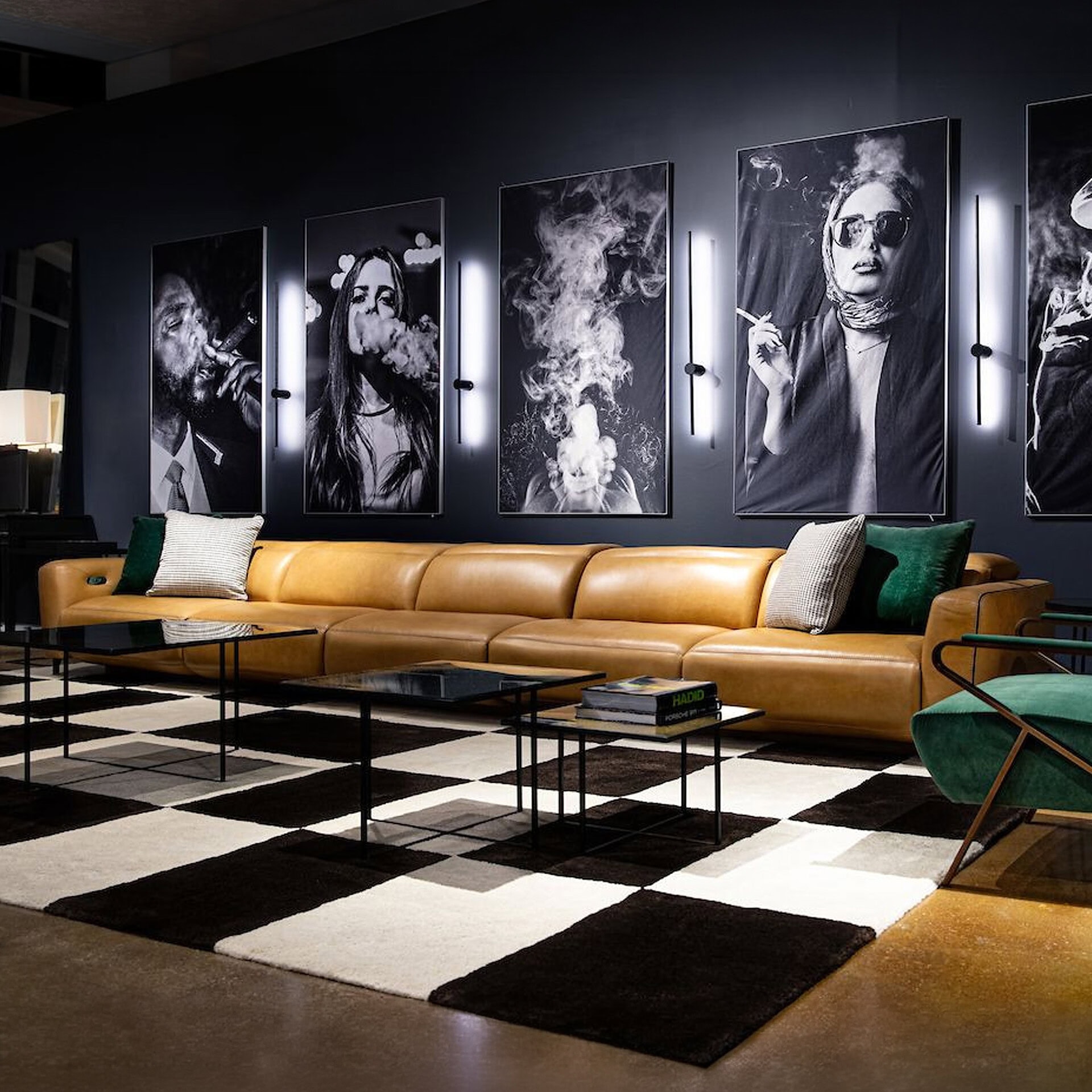 Leather sofa with cushions in a stylish, contemporary space.