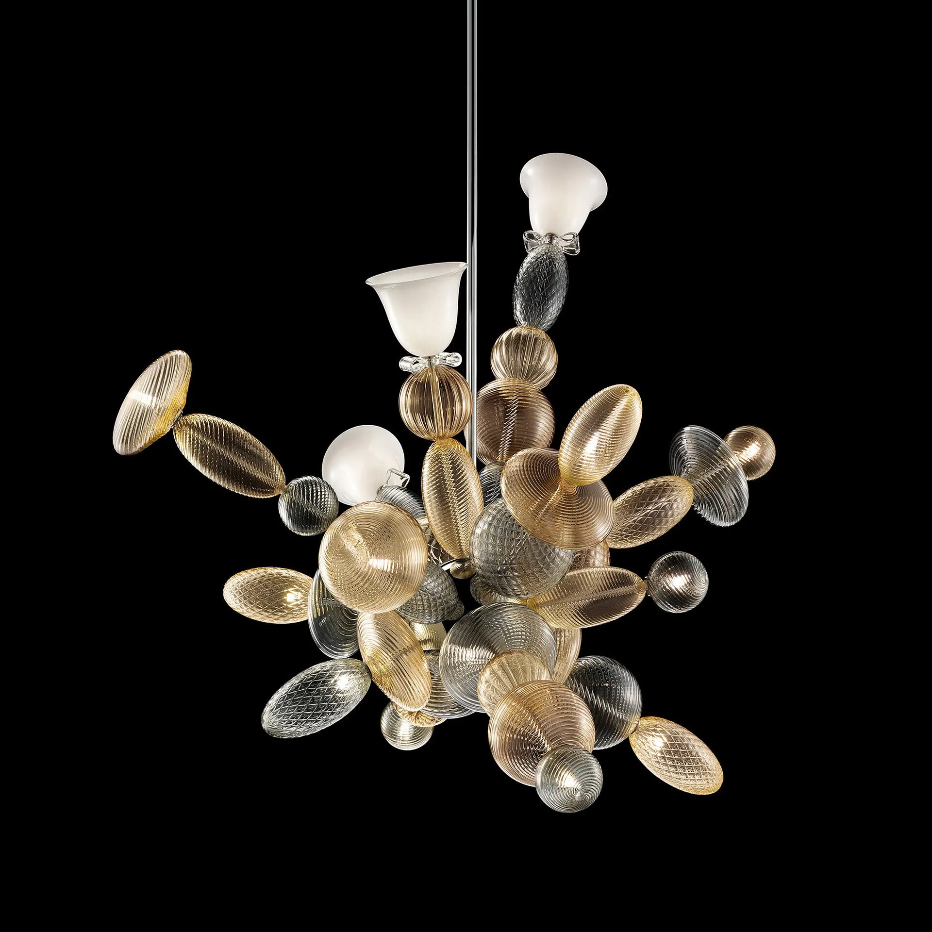 Elegant glass pendant chandelier with metallic accents for contemporary interiors.