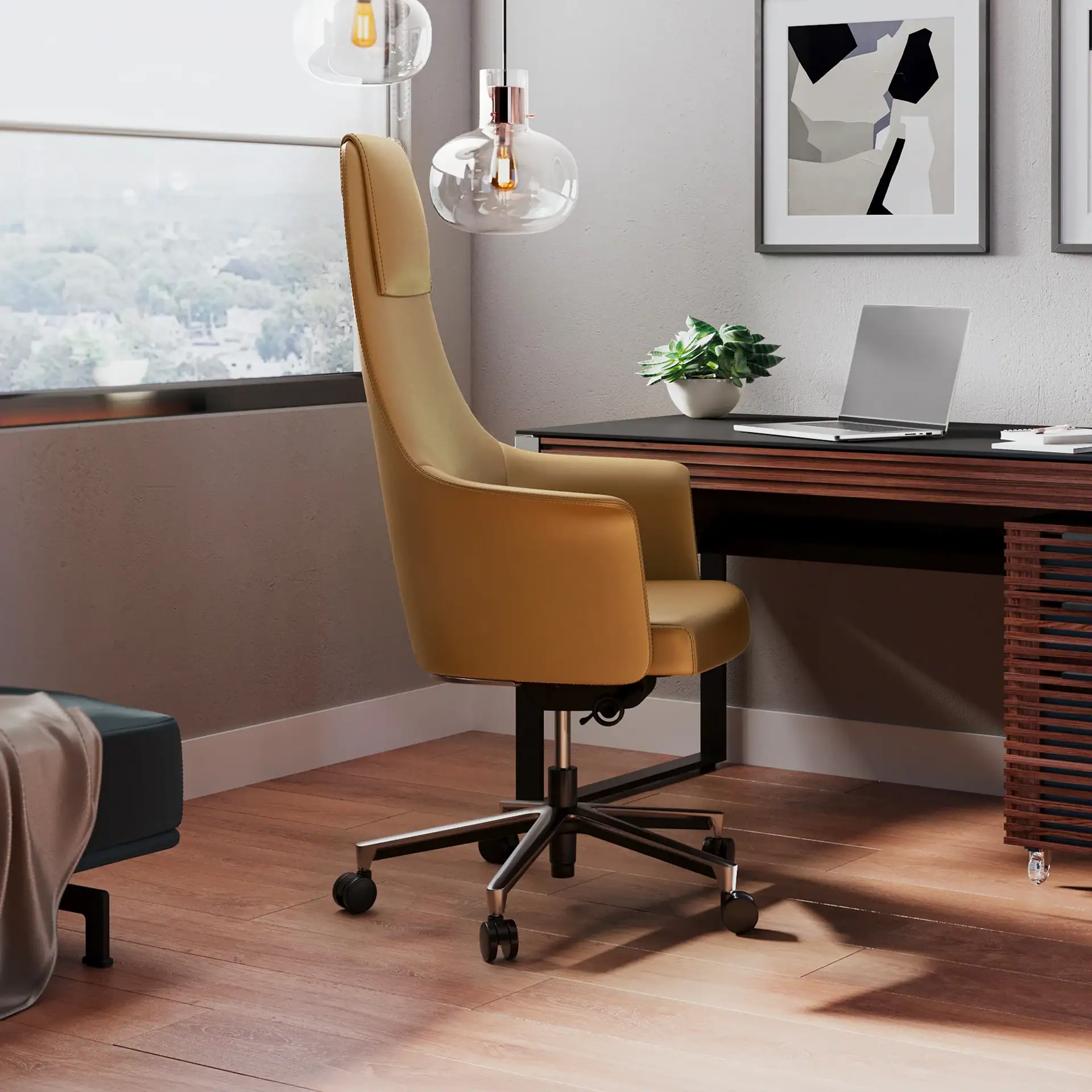 A modern home office with a mustard yellow leather chair, dark wooden desk with a laptop and plant, abstract art, and a large window overlooking a city.