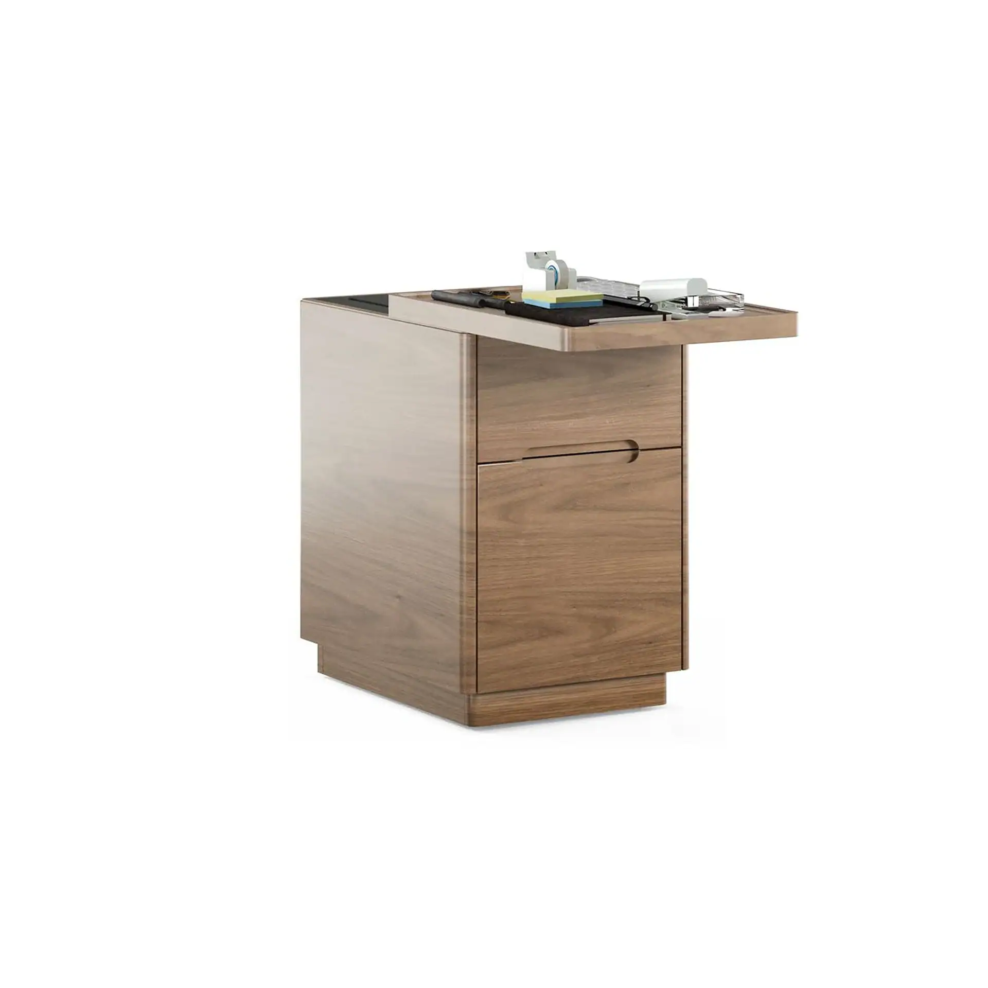 A modern wooden cabinet with two drawers and a pull-out black top holding office supplies including a tape dispenser, sticky notes, a pen, and eyeglasses.