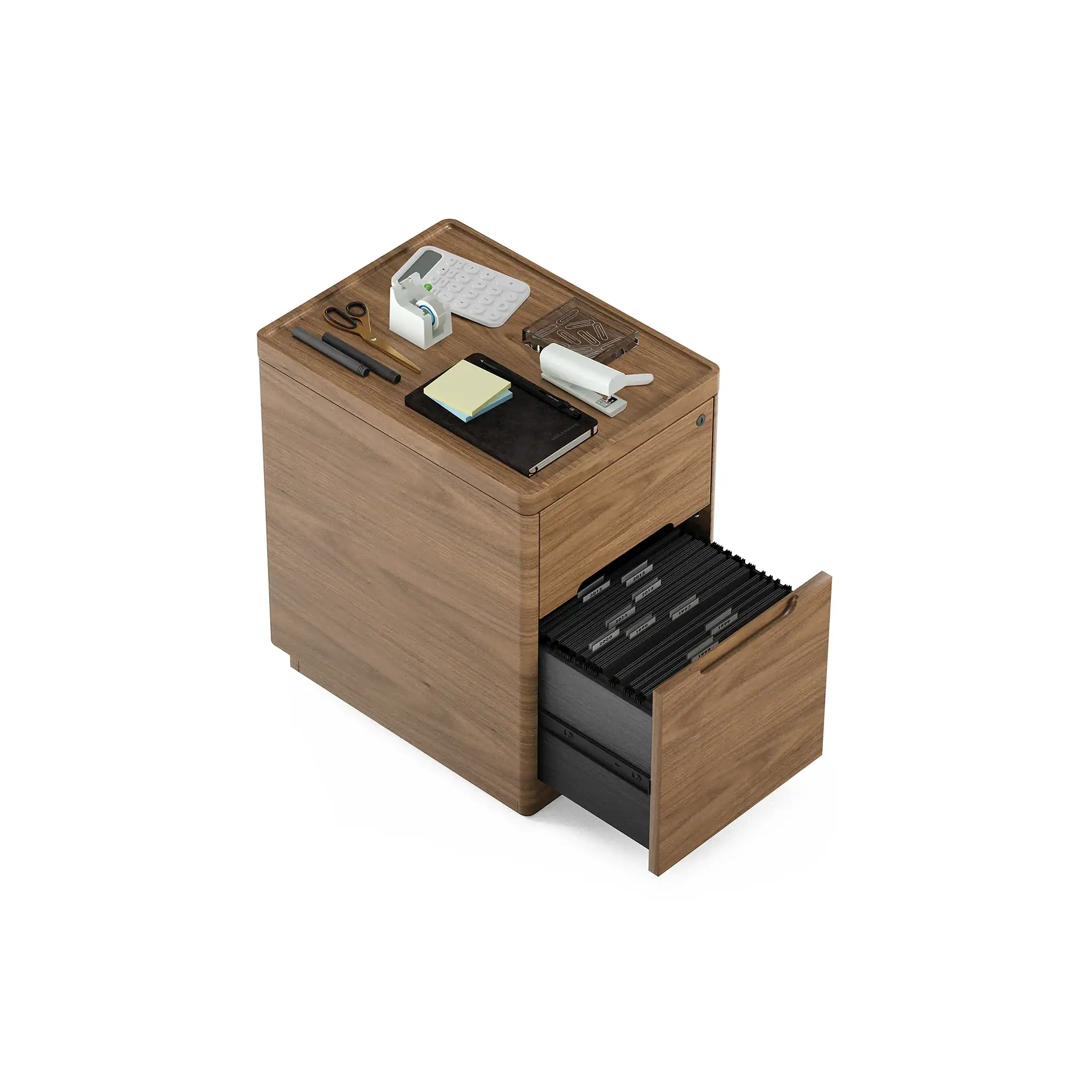 A wooden two-drawer filing cabinet with office supplies on top and an open bottom drawer showing hanging files.