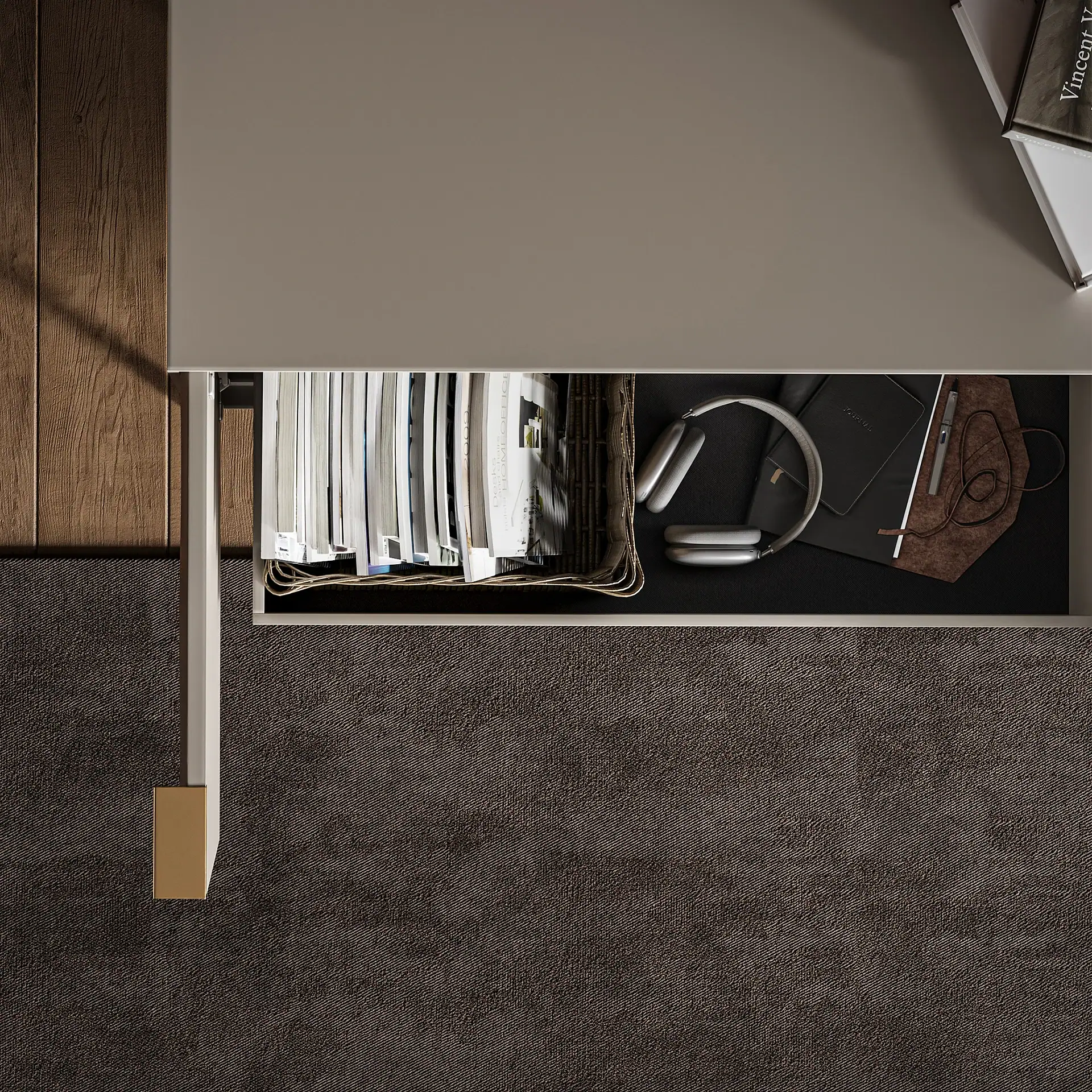 Ripple Storage Credenza with open shelf and accessories in a modern office.