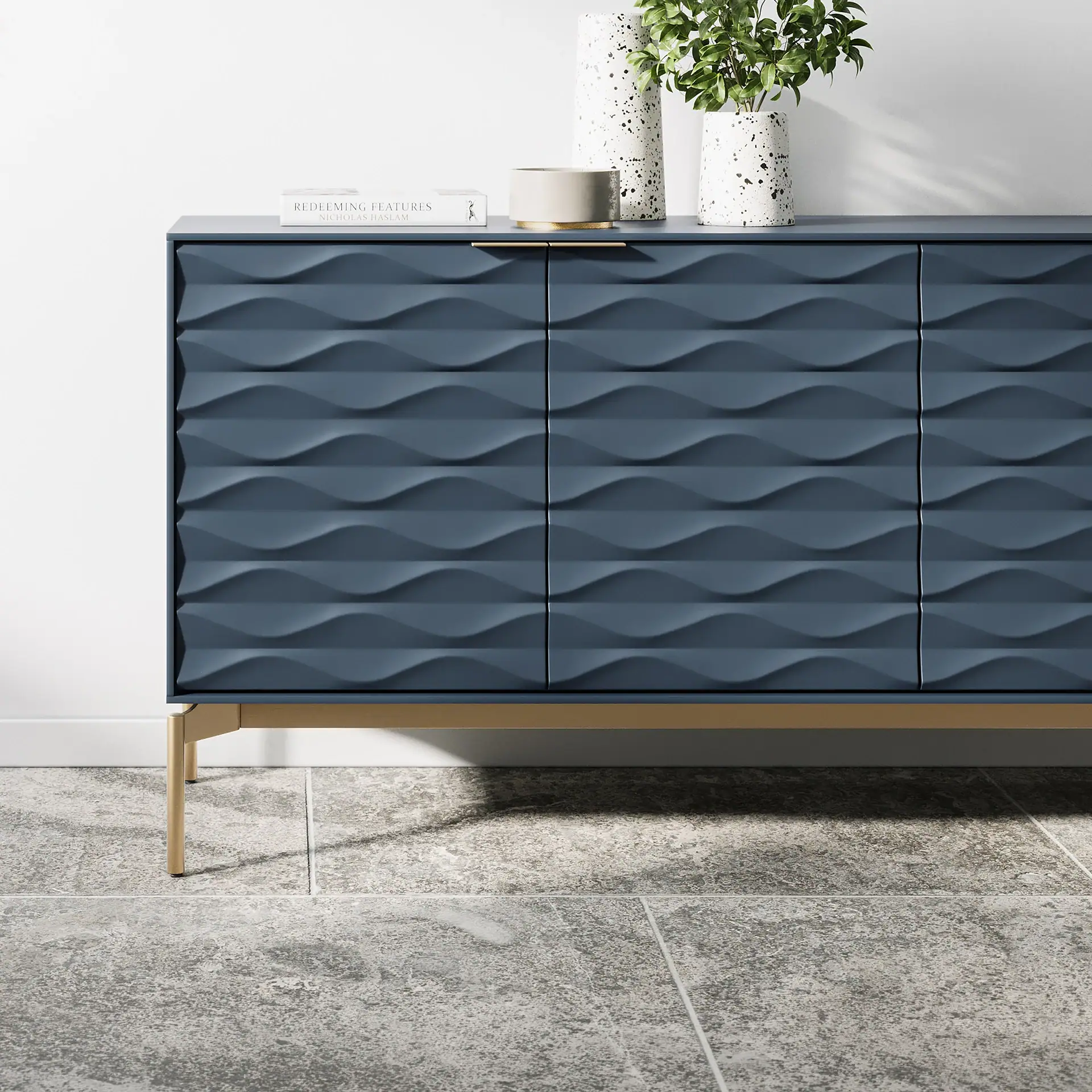 Sklar Furnishings Ripple Storage Credenza with textured blue doors.