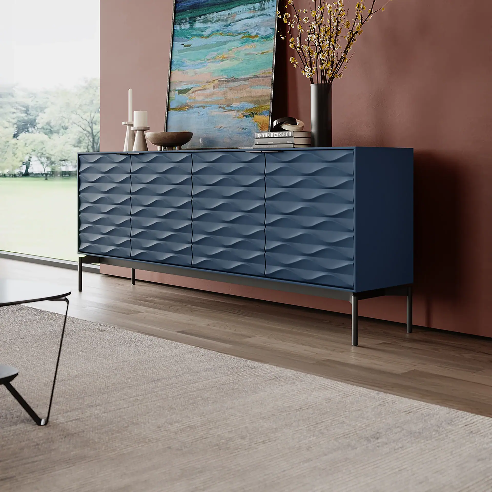 Sklar Furnishings Ripple Storage Credenza in blue with textured doors.