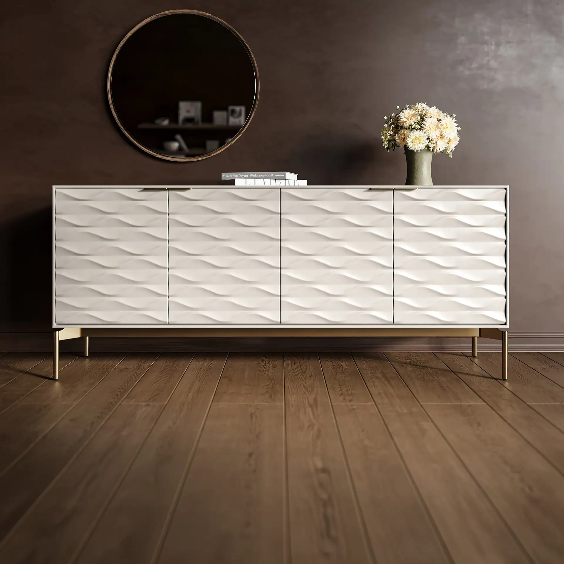 Ripple Storage Credenza by Sklar Furnishings in a modern room.
