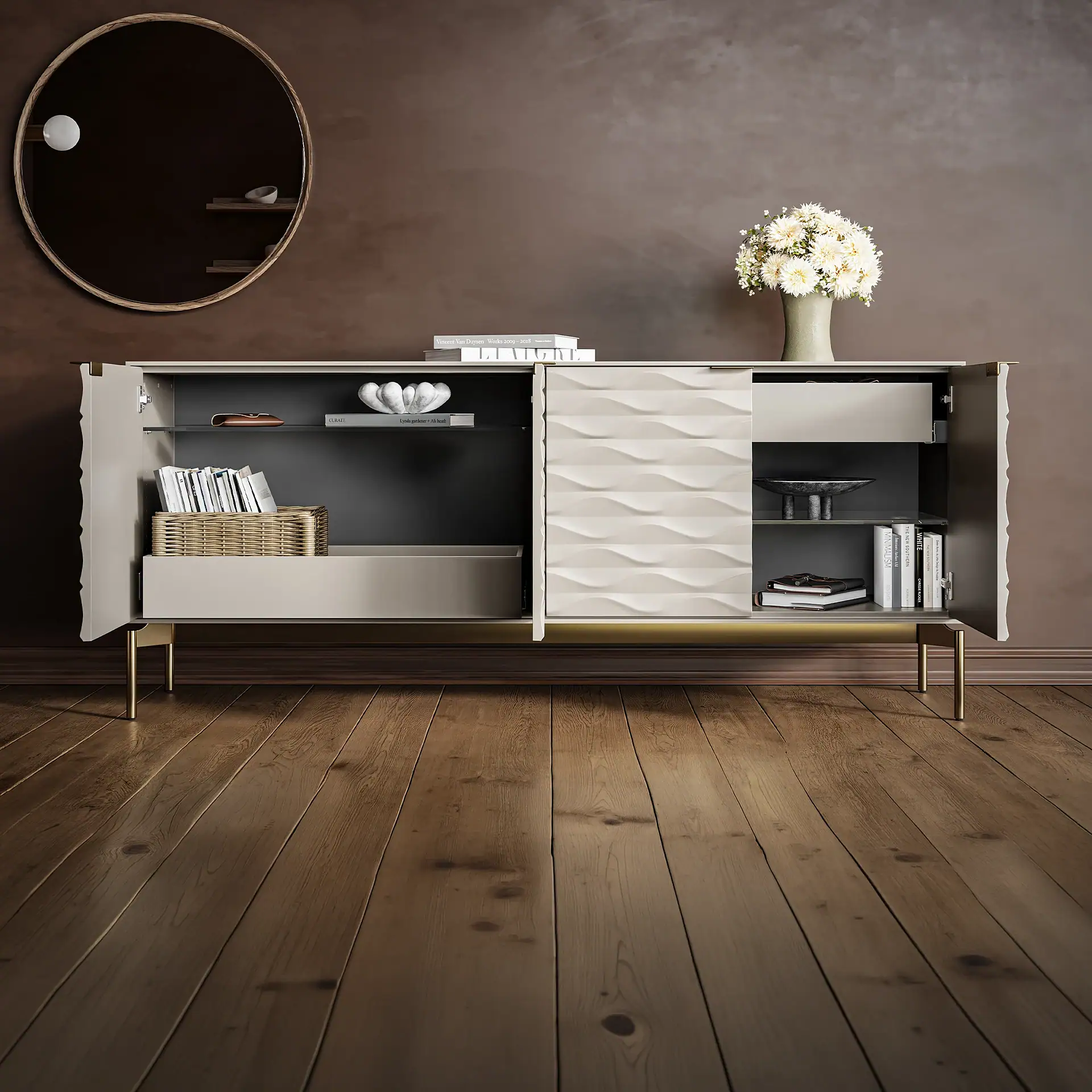 Sklar Furnishings Ripple Storage Credenza with decorative items and books.