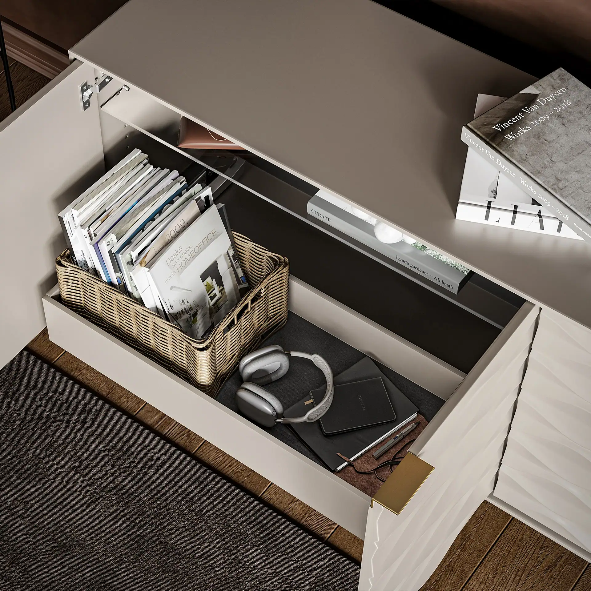 Ripple Storage Credenza with open drawer showing magazines and accessories.