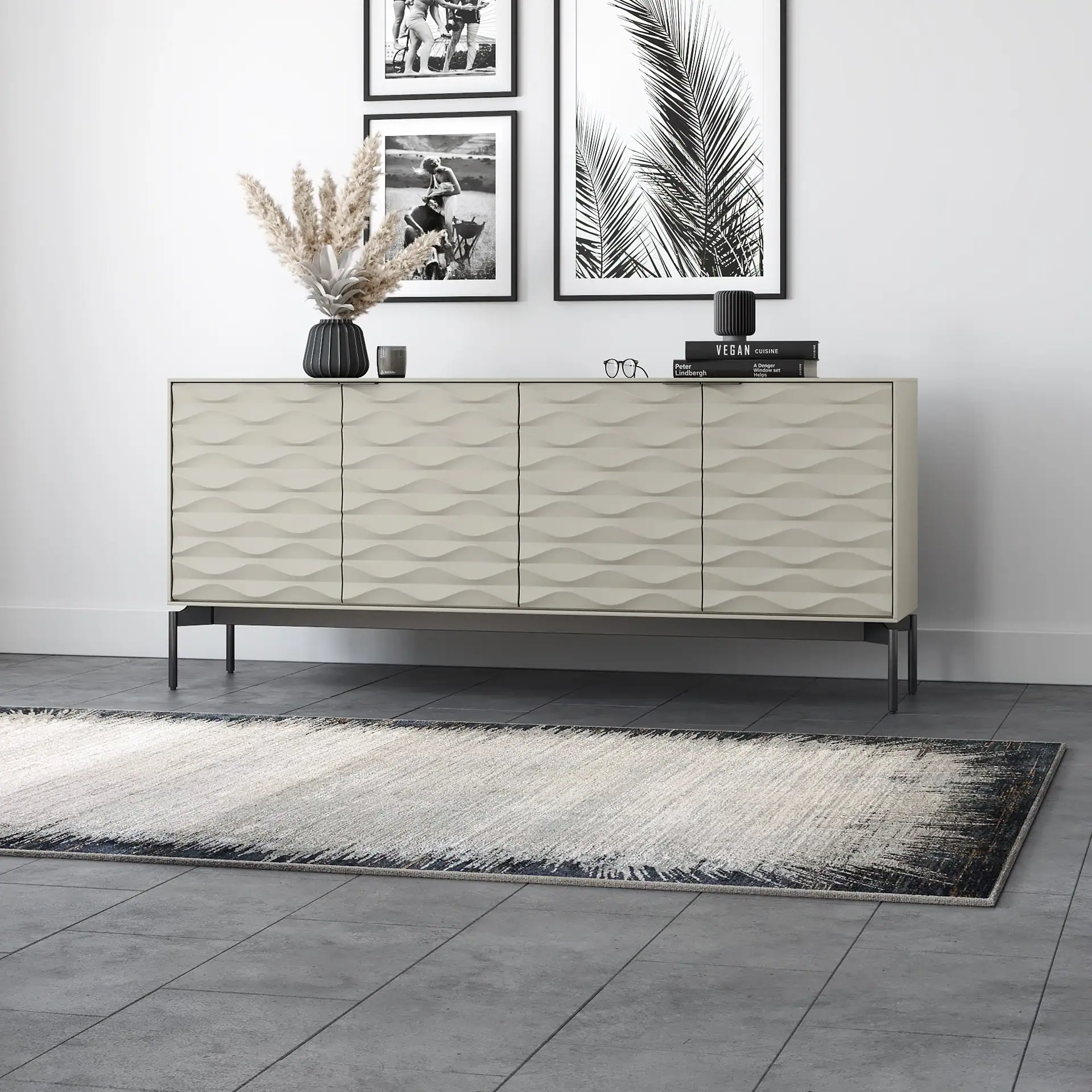 Sklar Furnishings Ripple Storage Credenza with textured doors in a modern room.