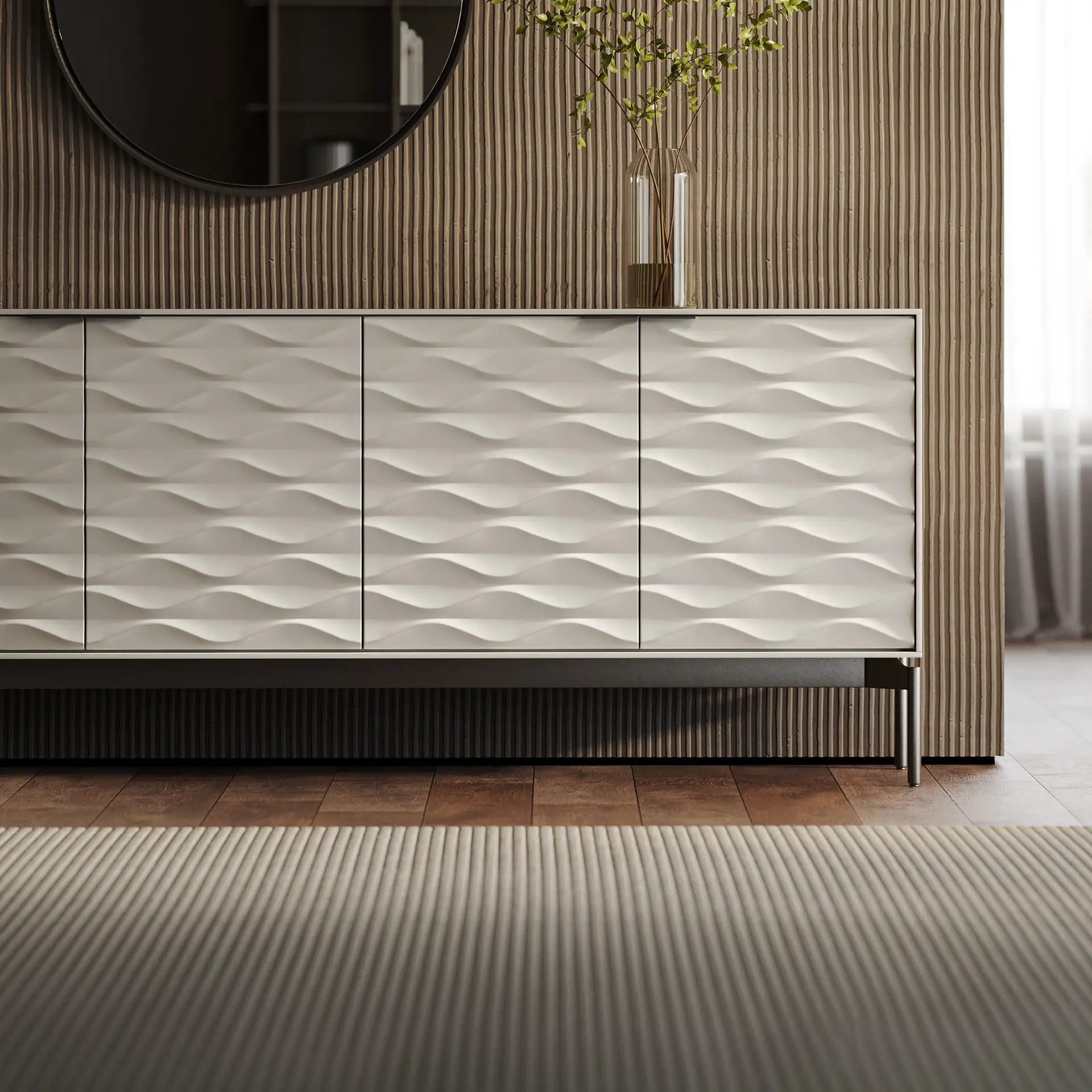 Ripple Storage Credenza with textured white doors in modern room.