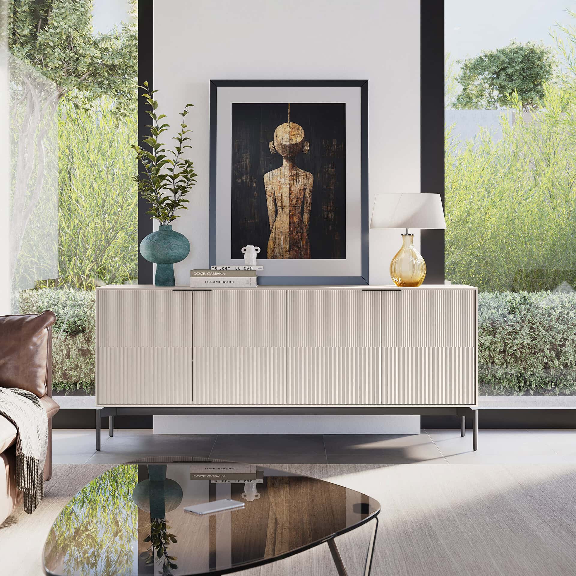 Contemporary sideboard with artwork, vase, and lamp in living room.