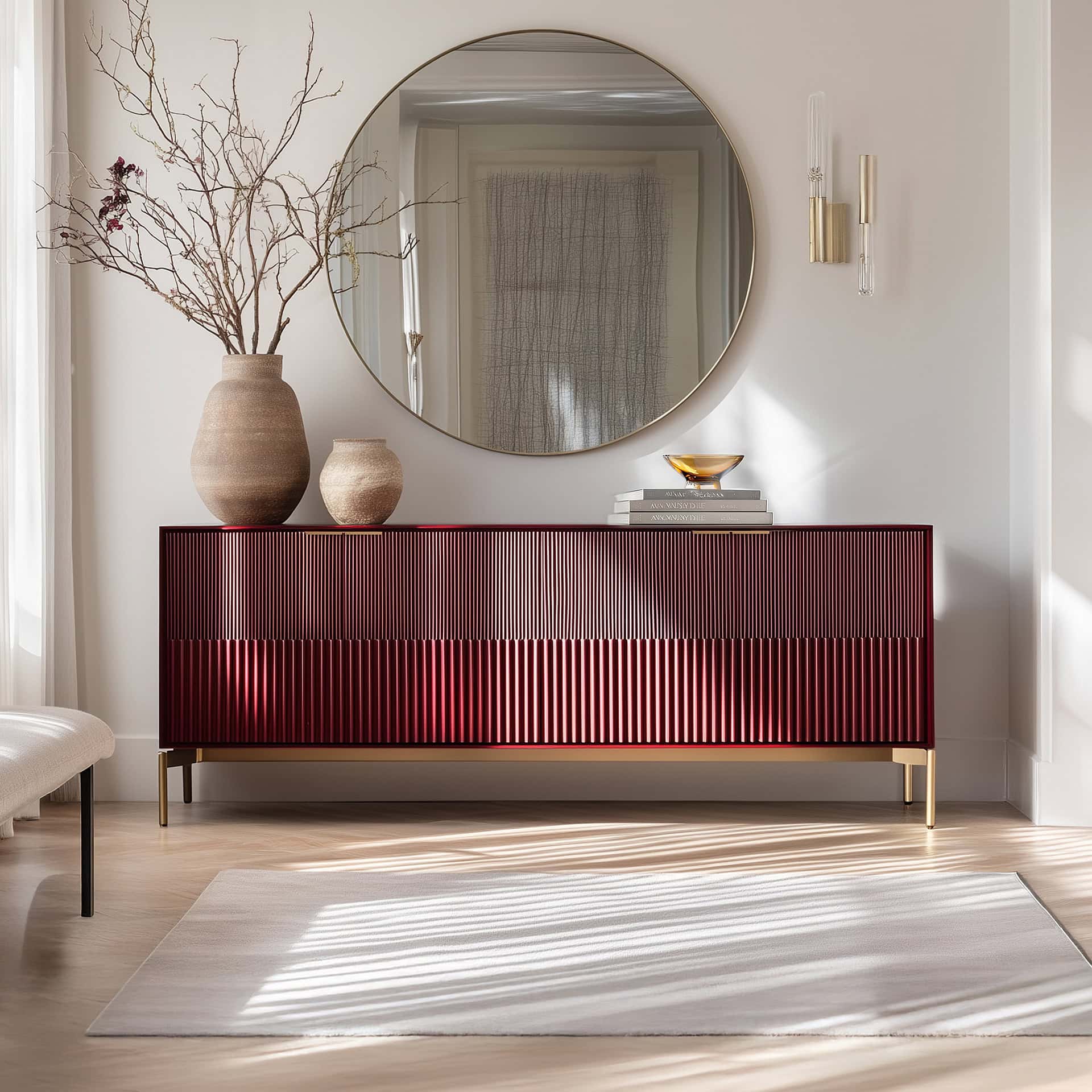 Elegant modern red sideboard with decorative vases and a round mirror.