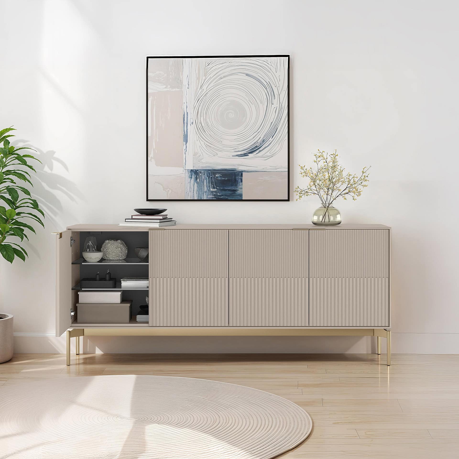 Contemporary beige sideboard with open shelves and abstract wall art.