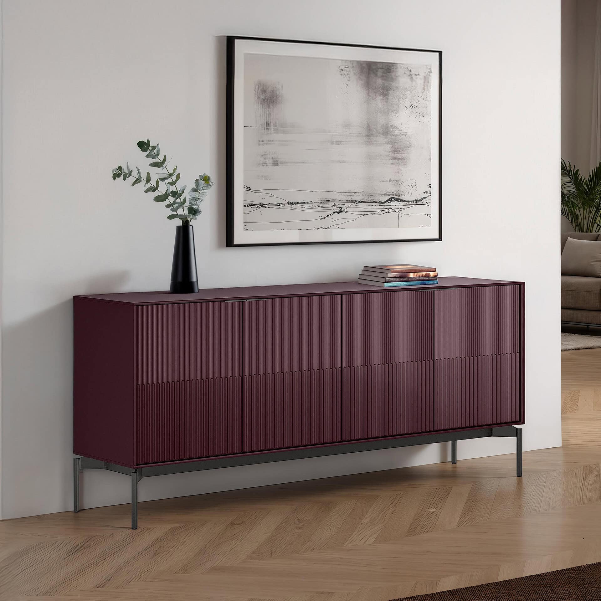 Elegant maroon sideboard with textured doors in a contemporary living room.