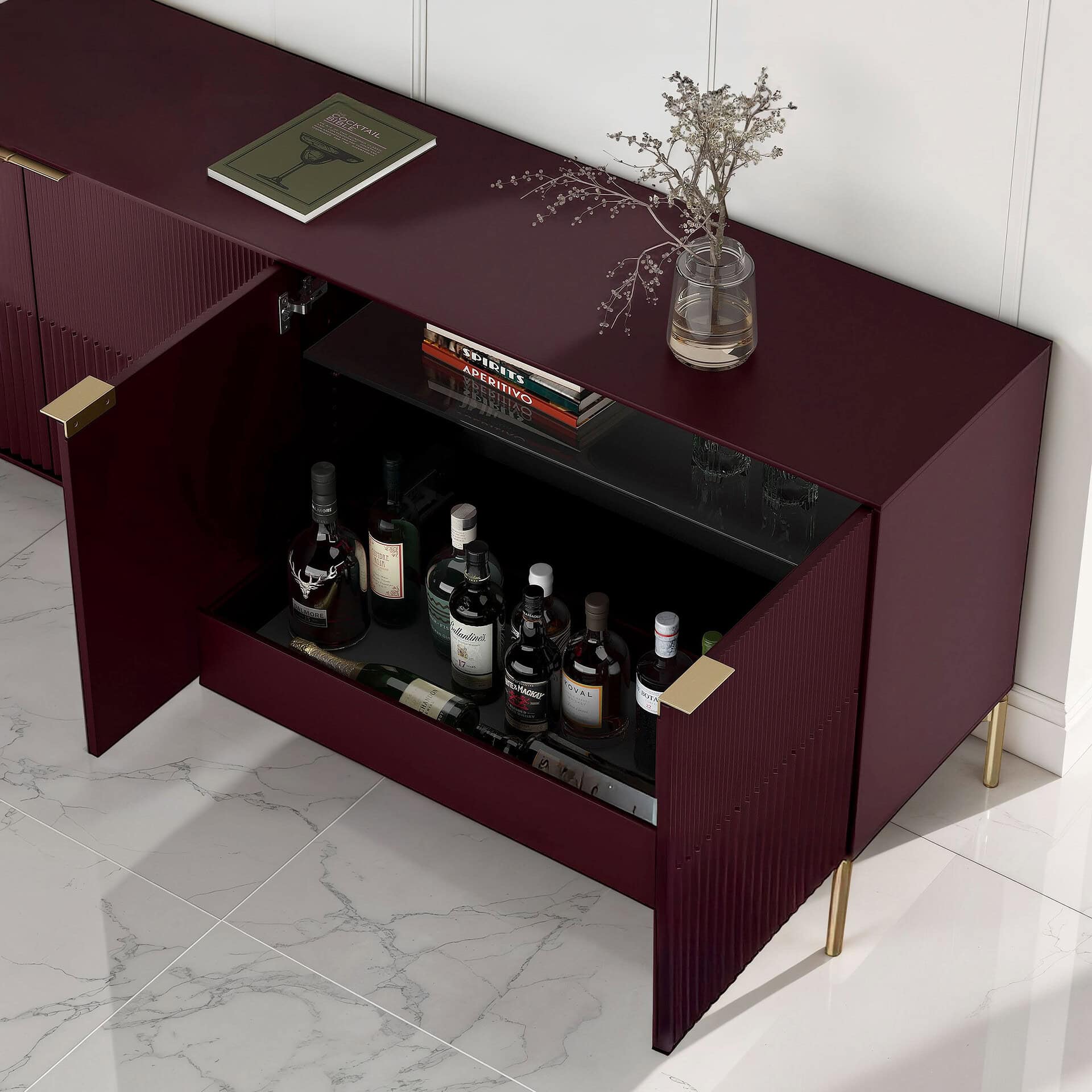 Elegant burgundy bar console with gold accents and storage space.