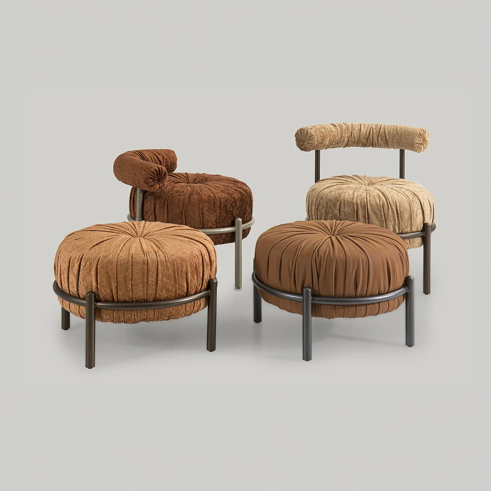 Four modern upholstered furniture pieces on a light gray background: two pleated round ottomans in brown and dark brown, and two pleated chairs in dark brown and light beige, all with dark metal frames.