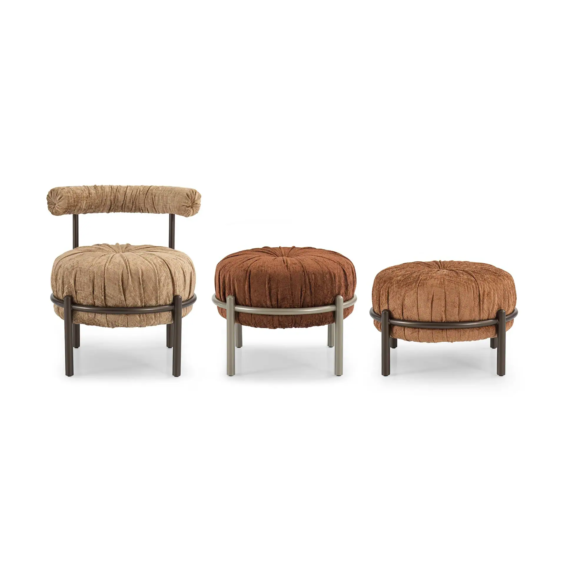 Three upholstered furniture pieces: a light brown pleated chair with a dark frame, a dark brown pleated ottoman with a light frame, and a dark brown pleated ottoman with a dark frame, all on a white background.