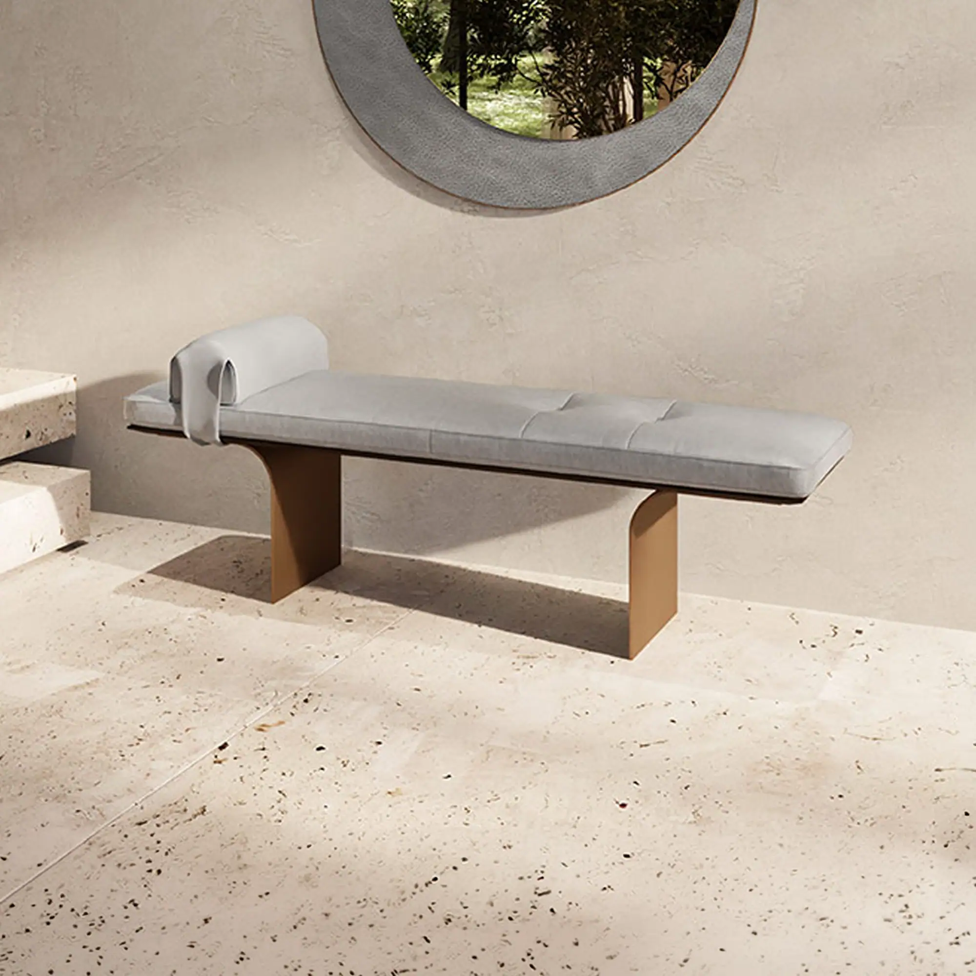 Sklar Furnishings Minerva Bench with cushion and backrest in a neutral room.
