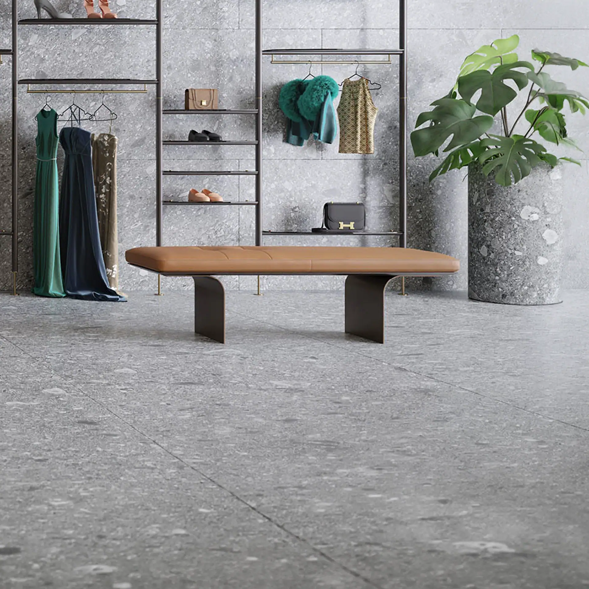 Sklar Furnishings Minerva Bench in a modern retail space.