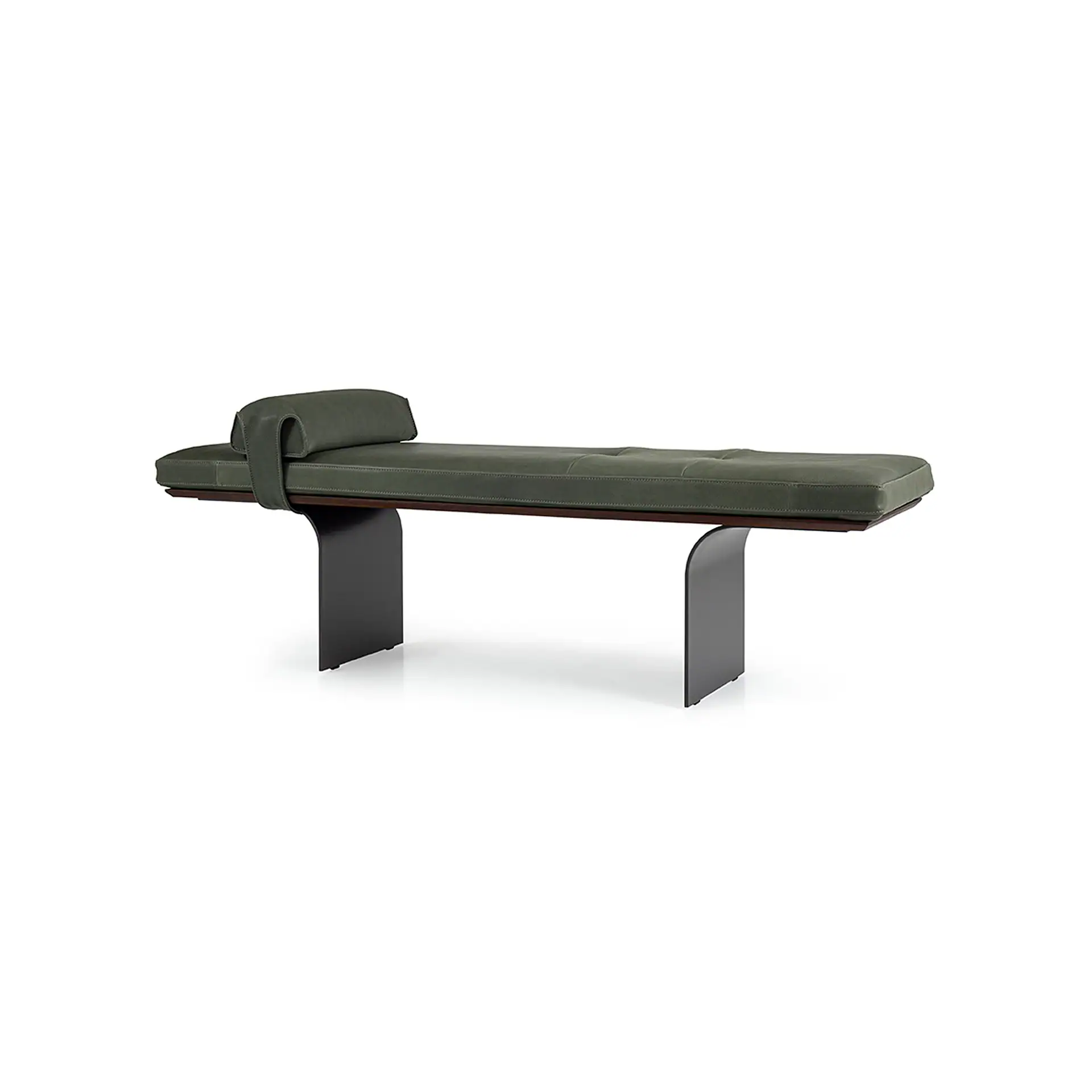 Minerva Bench with headrest and dark green upholstery in a modern room.