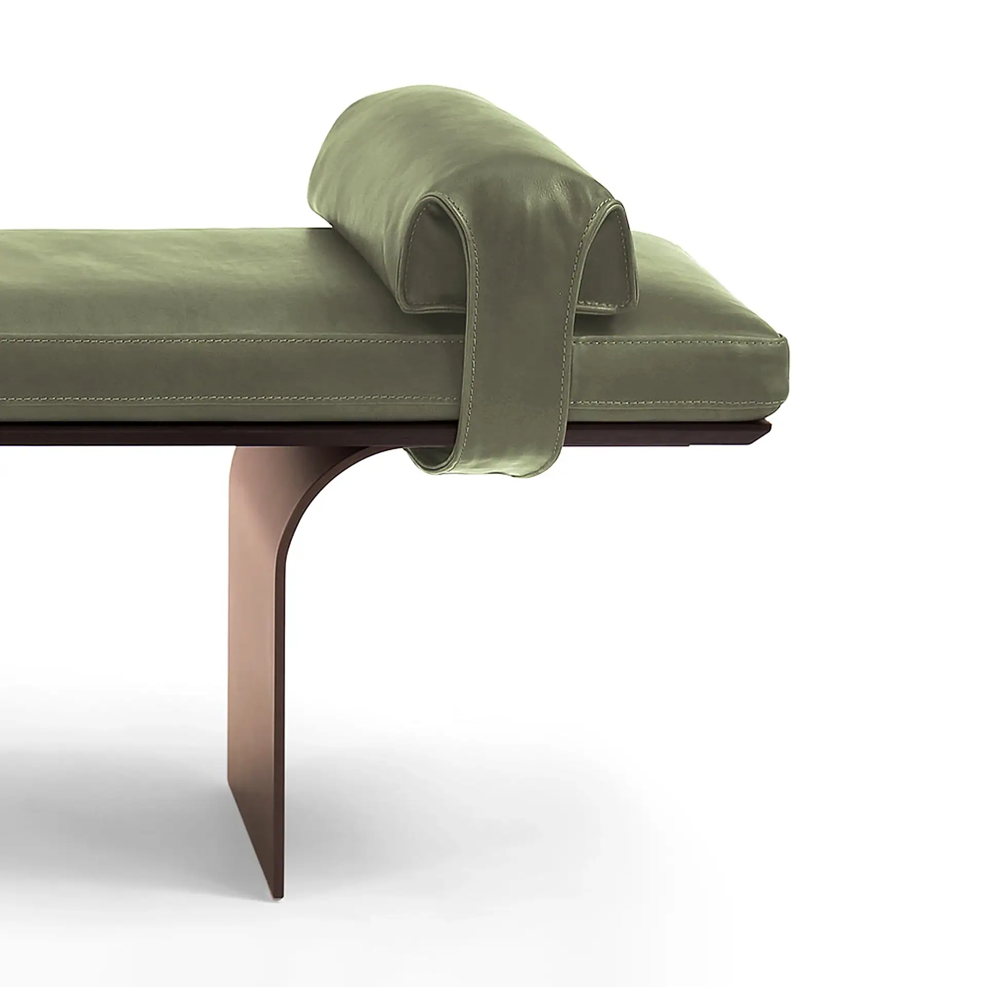 Sklar Furnishings Minerva Bench with green leather cushion and wooden leg.