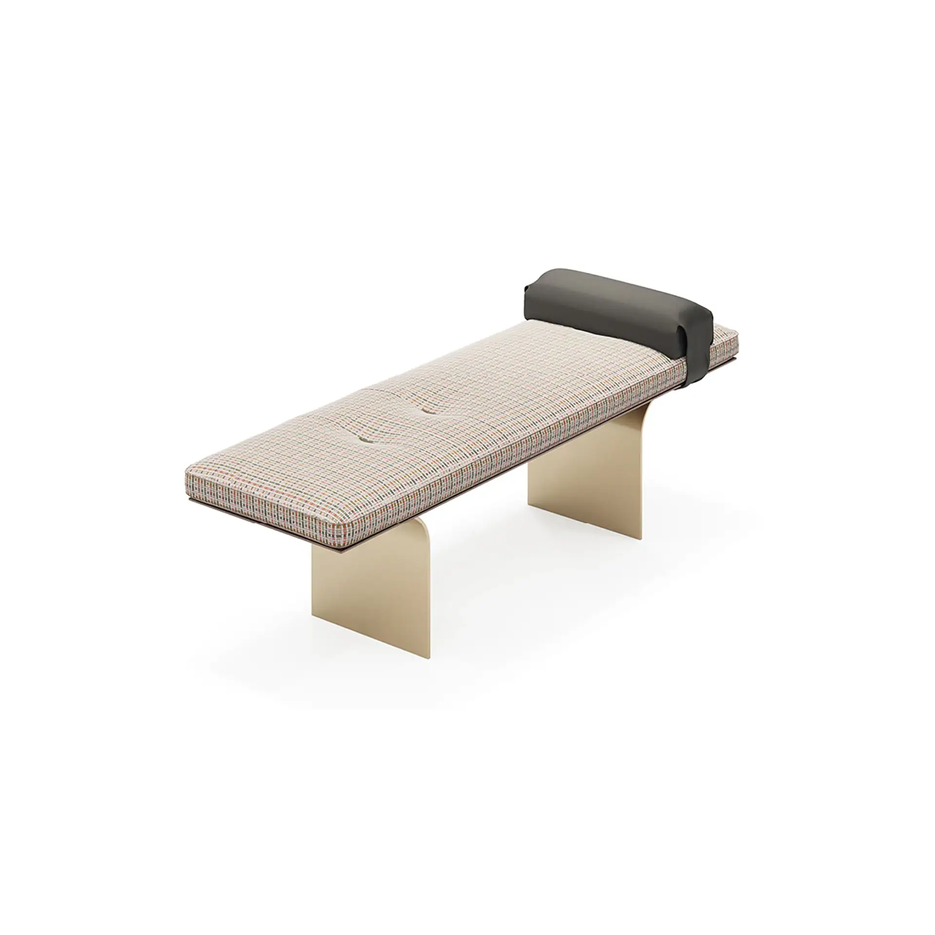 Minerva Bench by Sklar Furnishings with plaid fabric and black headrest.