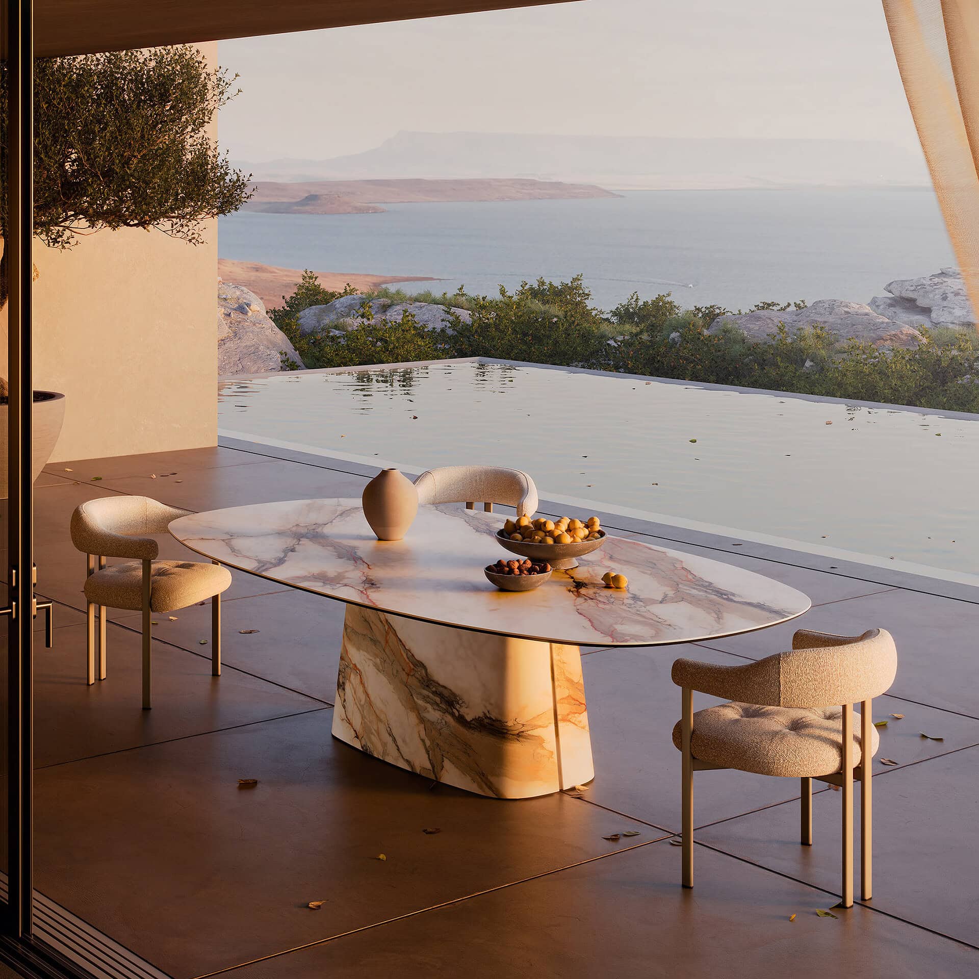 Elegant marble dining table with ocean view, surrounded by stylish chairs, perfect for luxurious out.