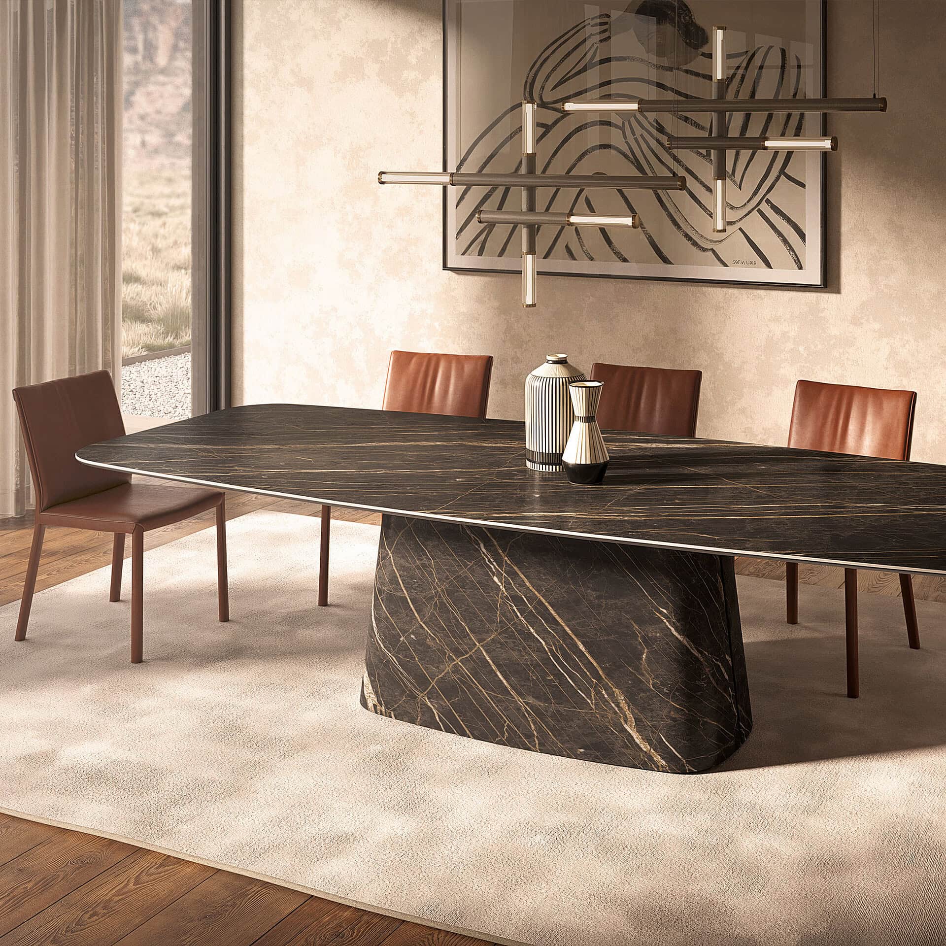 Elegant black marble dining table with sleek brown leather chairs in a stylish, modern dining room.