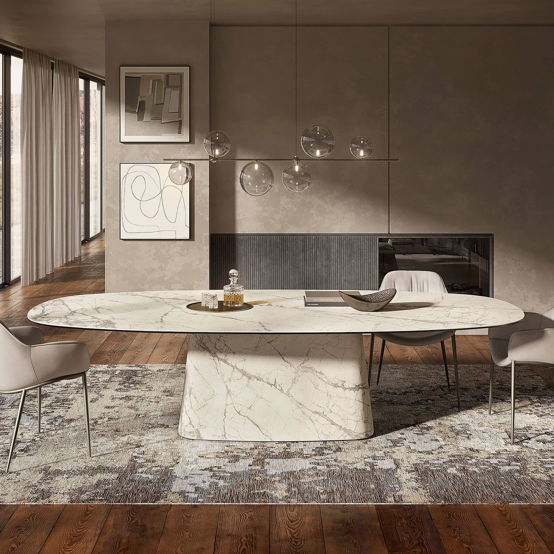 Contemporary marble dining table in a stylish, modern dining room setting.