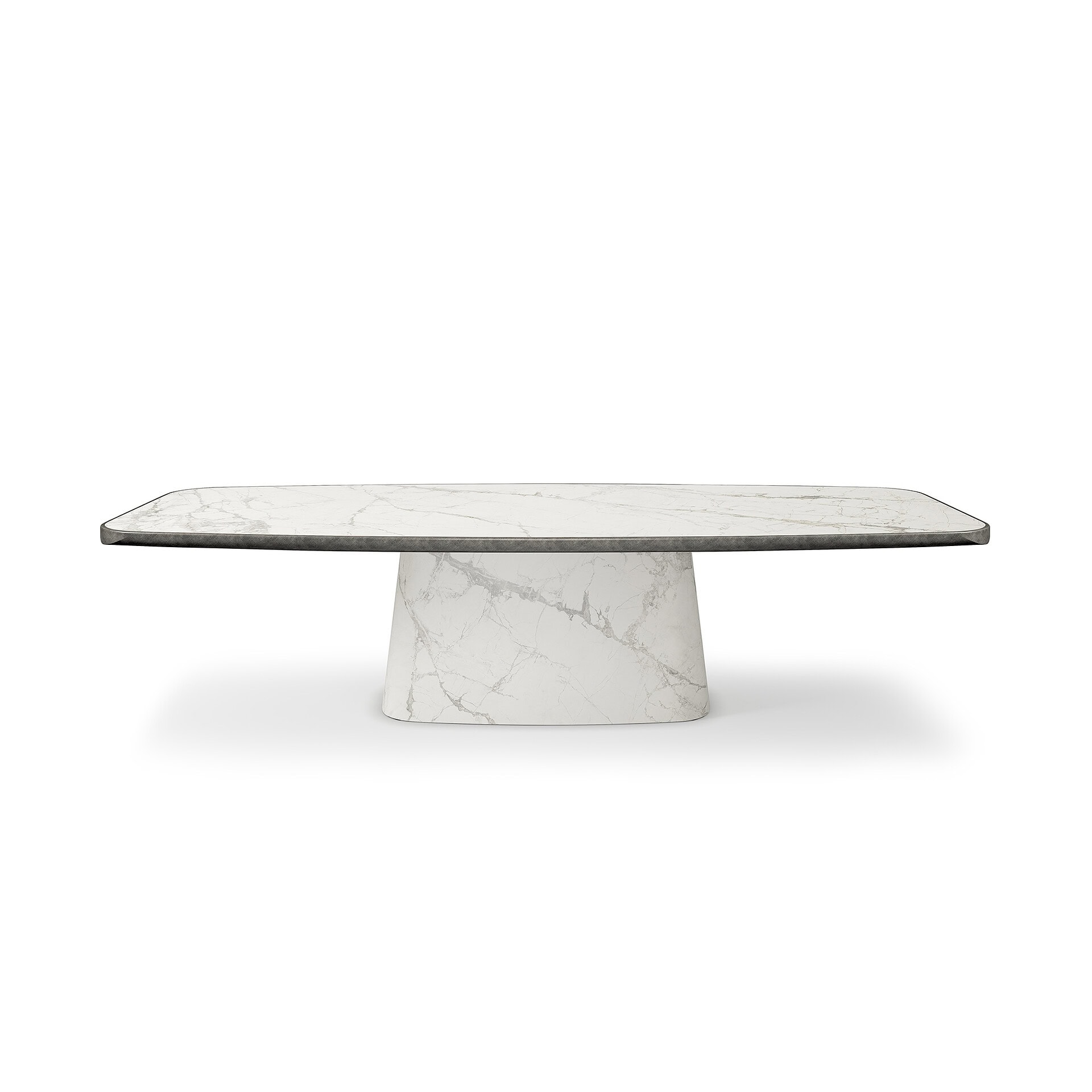 Elegant white marble dining table with a sleek base, perfect for contemporary dining spaces.