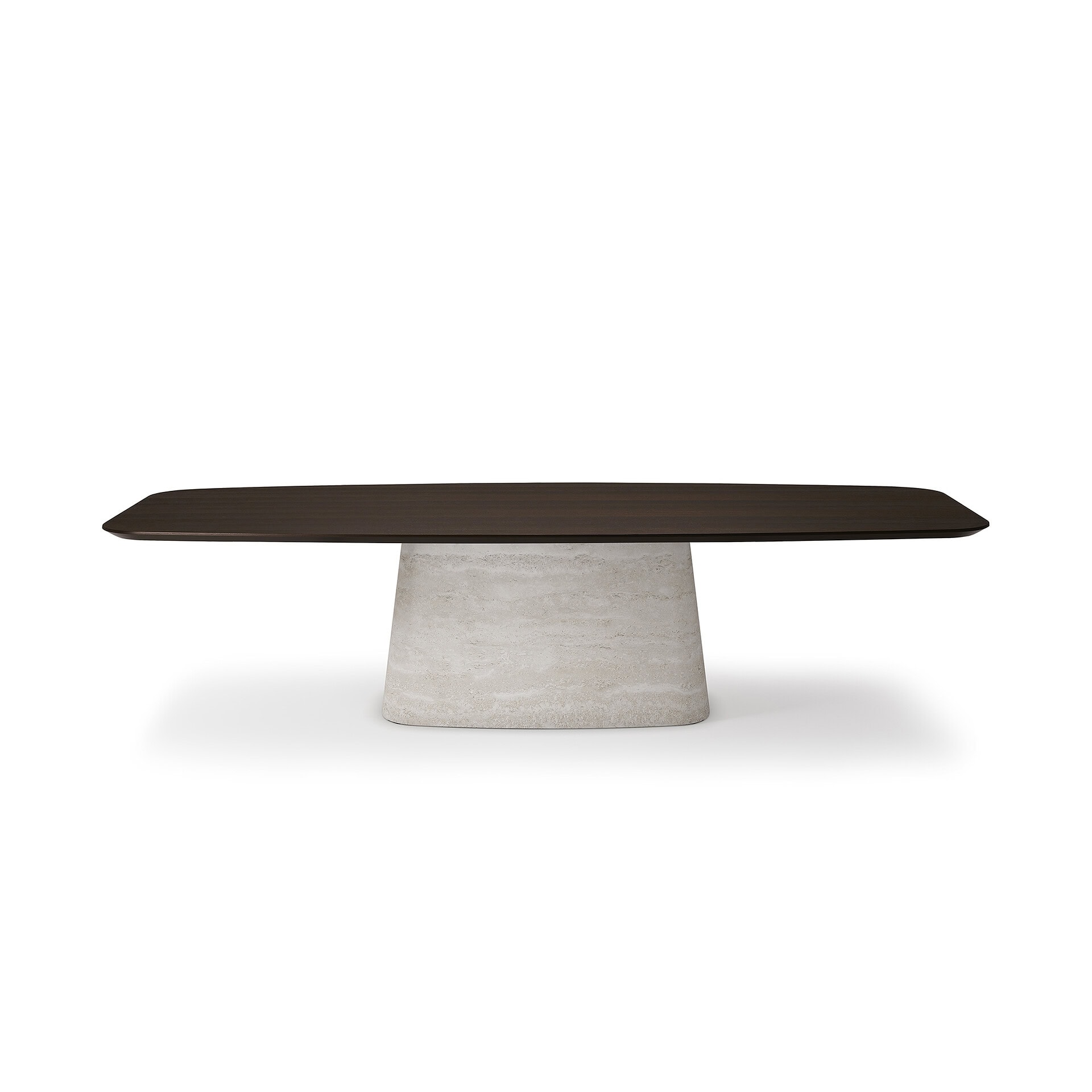Contemporary dining table with concrete base and dark wood top.