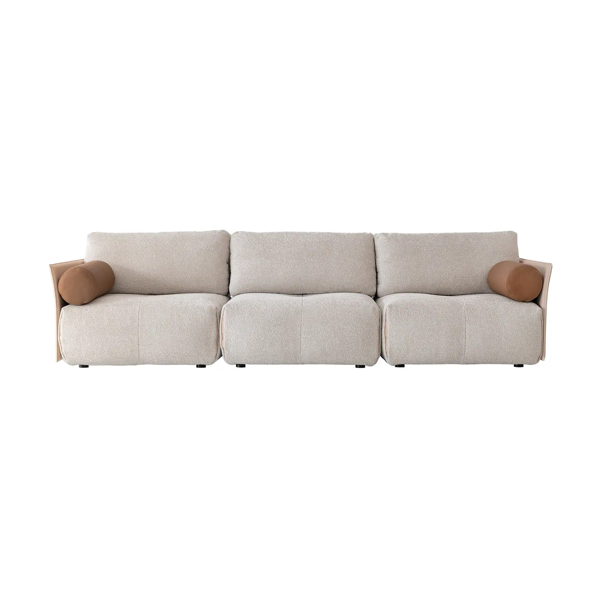 A light beige three-seater modular sofa with brown leather bolster pillows on a white background.