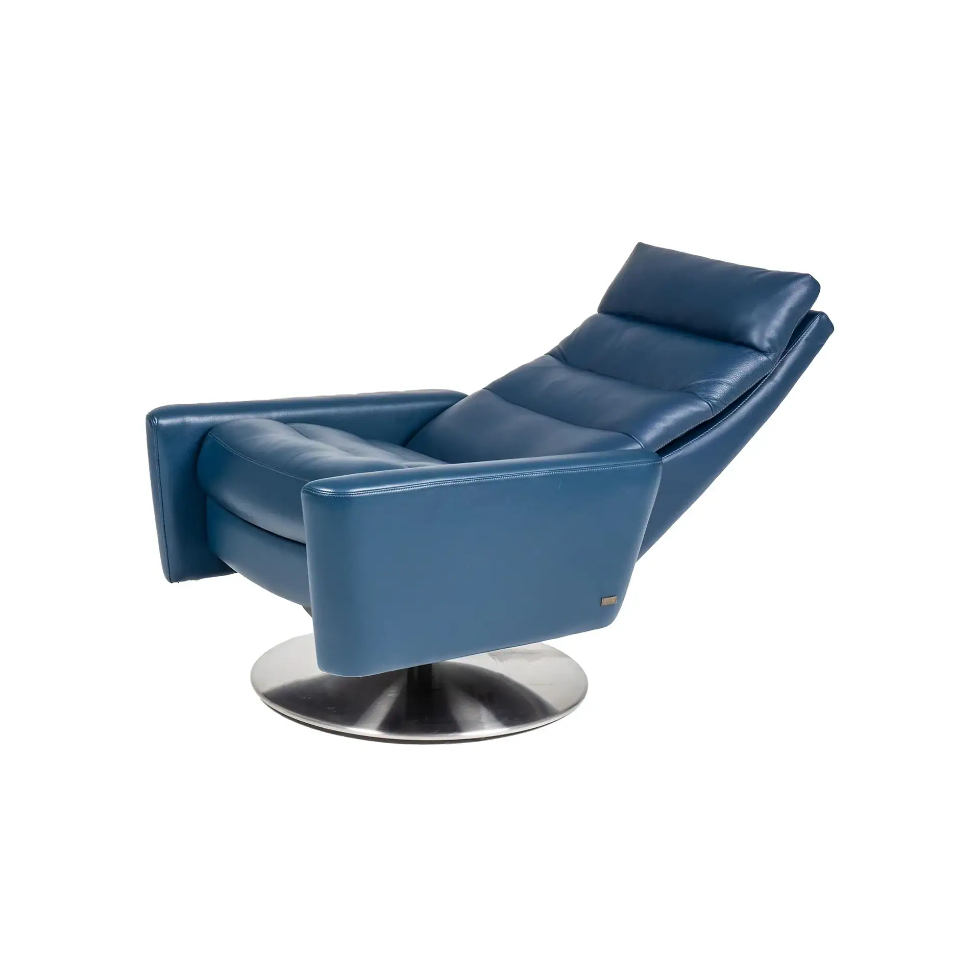A blue leather recliner chair with a circular metal base, shown in a reclined position on a white background.